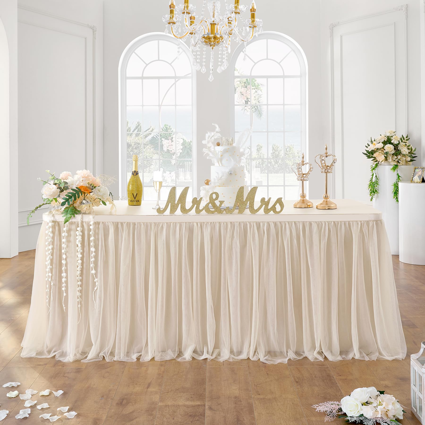 167in Champagne Gold Tulle Table Skirt for 6ft/8ft Rectangle Tables - 2-Layer Gold Ruffle Tutu Tablecloth for Wedding, Birthday, Baby Shower & Dessert Table Decor (14ft Length, No Table Cover Included) - Perfect for Elegant Party Decorations and Special Event Centerpieces