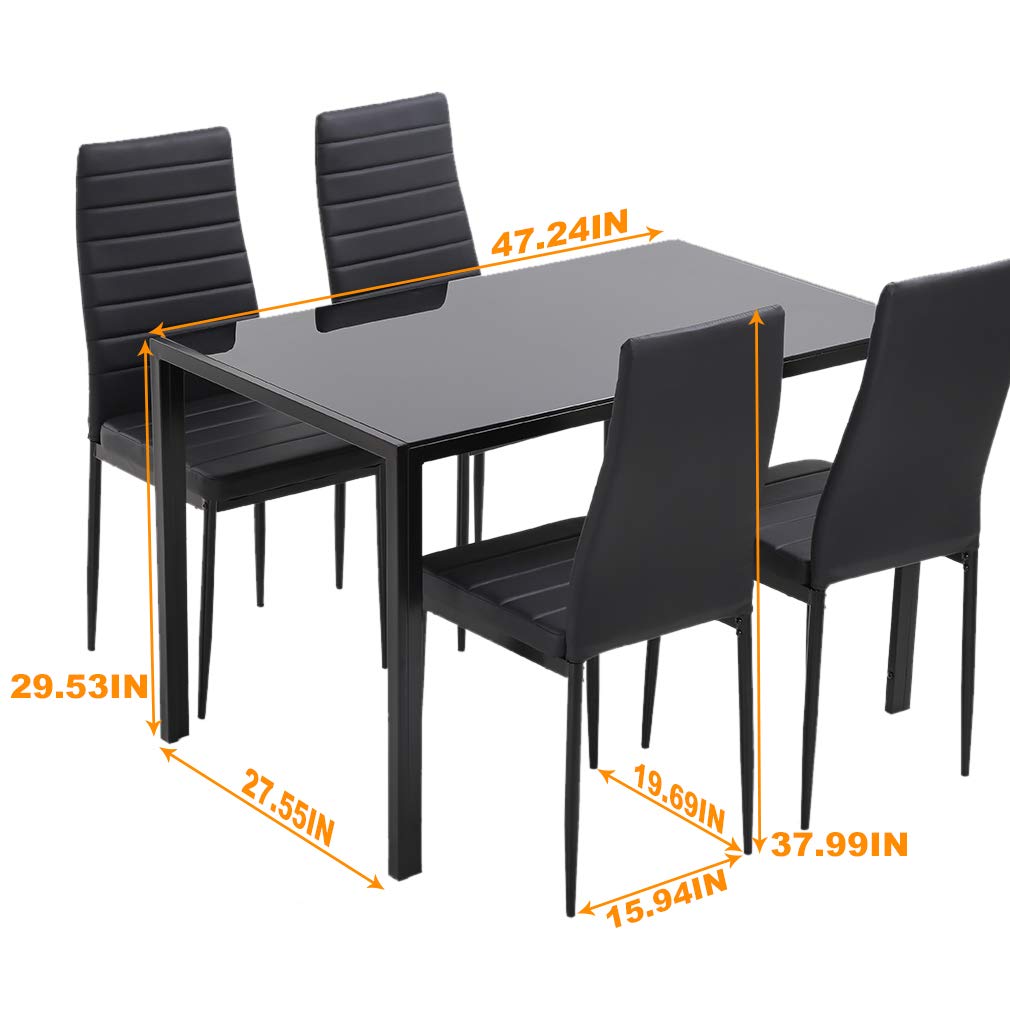 Modern 5-Piece Dining Room Set with Glass Top Table & 4 Faux Leather Chairs - Black Rectangular Kitchen Table for Small Spaces | Perfect for Apartments, Breakfast Nooks & Compact Dining Areas