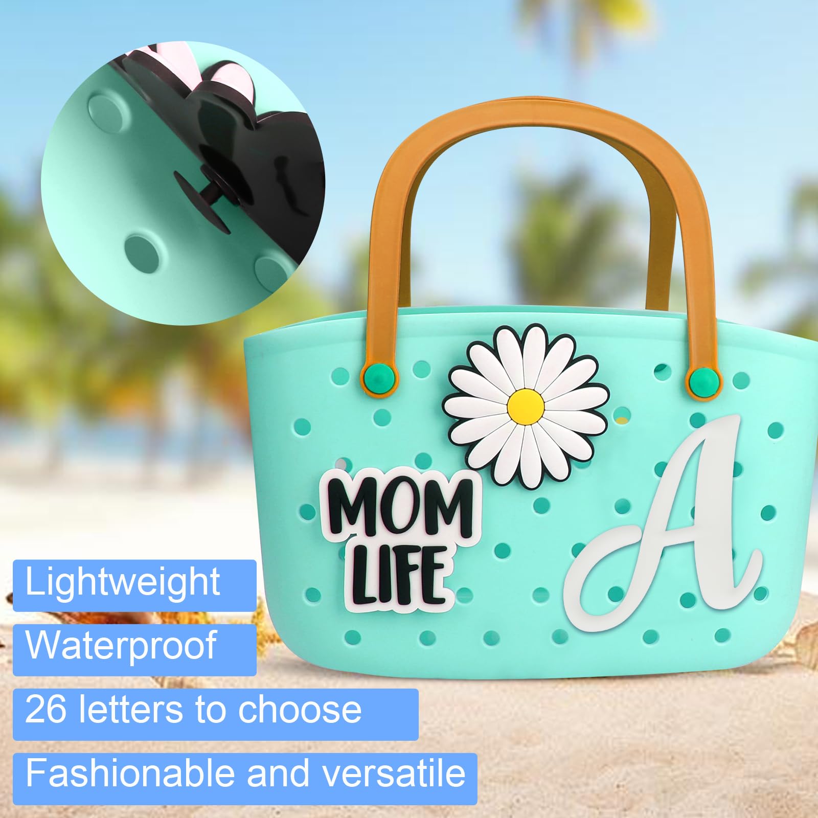 CONLI 3-Piece Letter Charms for Bogg Bag - Decorative Alphabet Inserts for Rubber Beach Tote & Handbag - Floral Accessories for Beach, Pool & Summer Outings