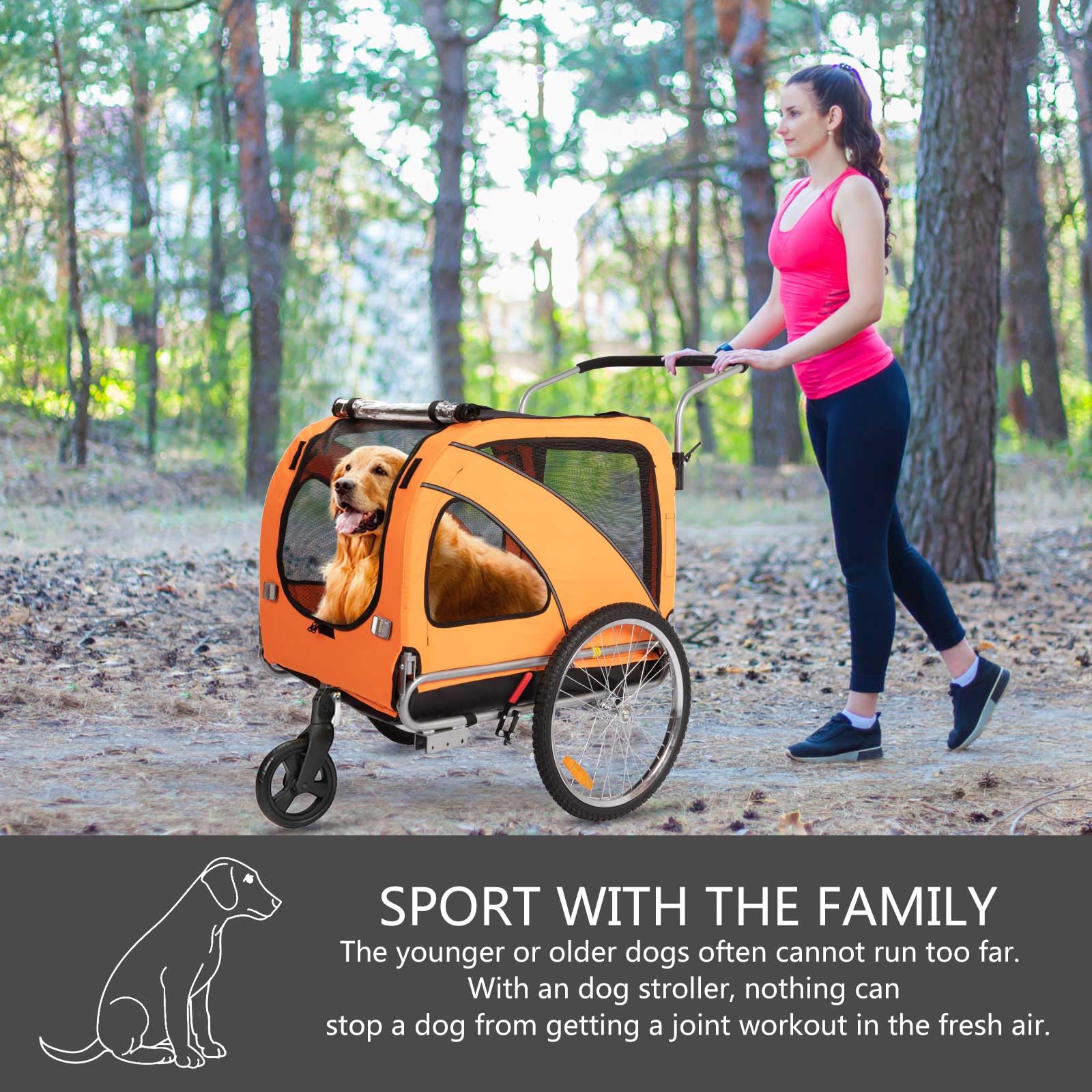 Sepnine 2-in-1 Large Dog Bike Trailer & Pet Stroller - Foldable Frame with Hand Lock Brakes, Universal Bicycle Coupler (Orange) - Perfect for Cycling Adventures & Outdoor Walks with Your Dog