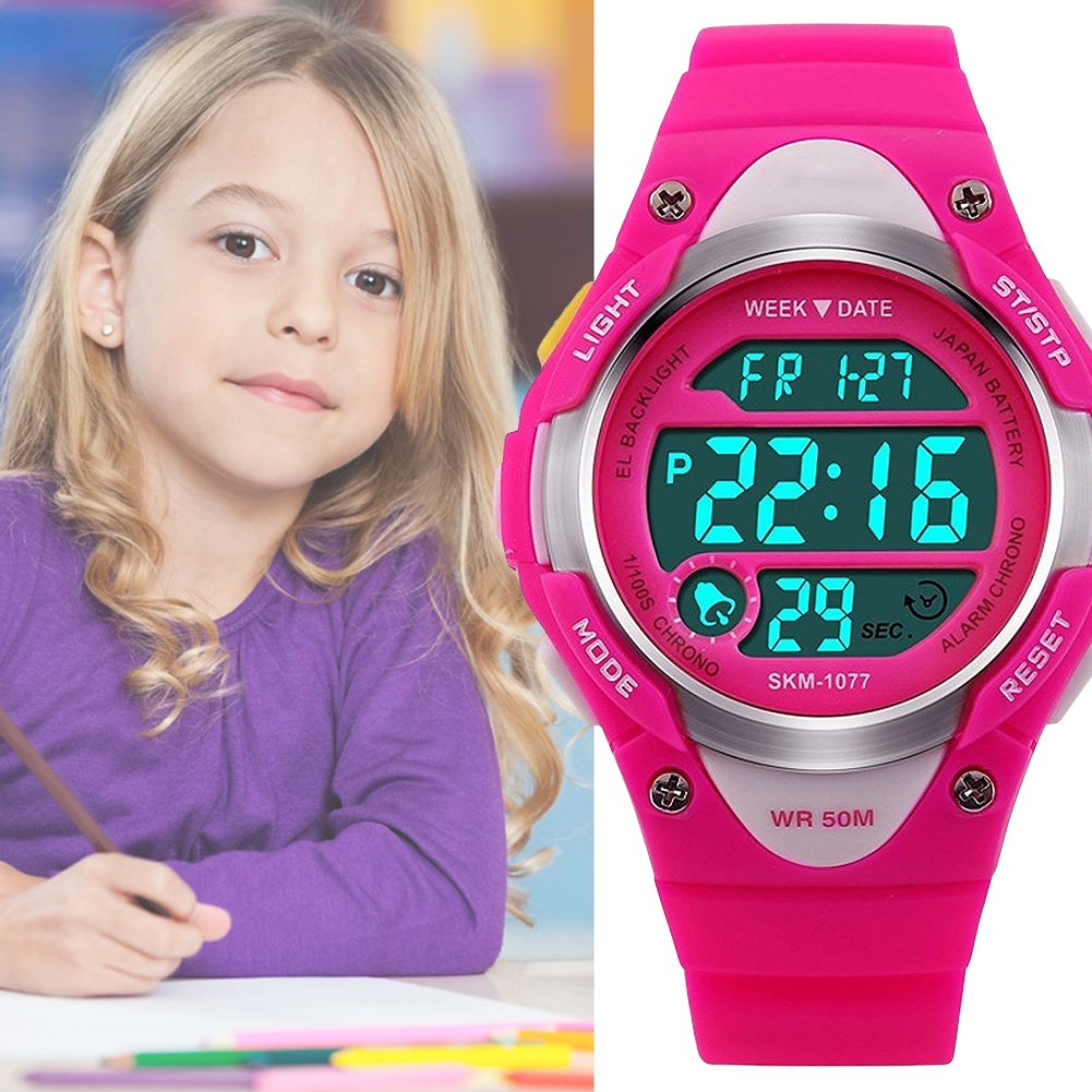 RSVOM Digital Sports Watch for Girls - LED Backlight, 5ATM Waterproof, Alarm Clock & Chronograph - Perfect for Teenagers' Outdoor Activities, Swimming & School (Rose)