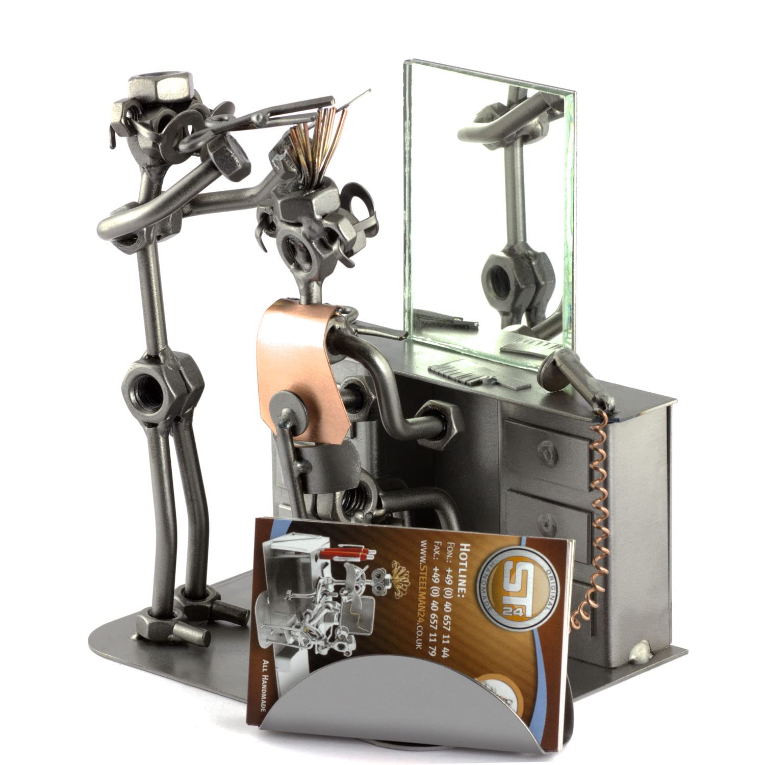 Handmade German Metal Hairdresser Sculpture with Mirror & Business Card Holder - Unique Nuts and Bolts Figurine for Salon Decor, Barber Shop Display or Office Desk Accessory