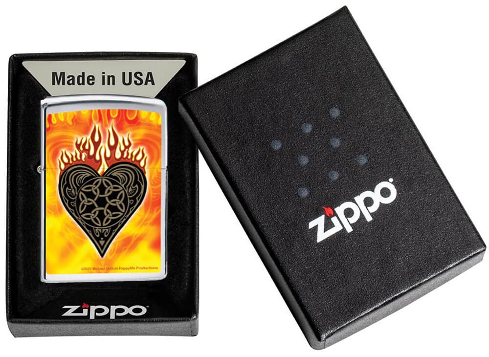Mike Dubois Celtic Flaming Heart Street Chrome Zippo Lighter - Windproof Refillable Metal Lighter for Outdoor, Camping, Smoking & Collectors