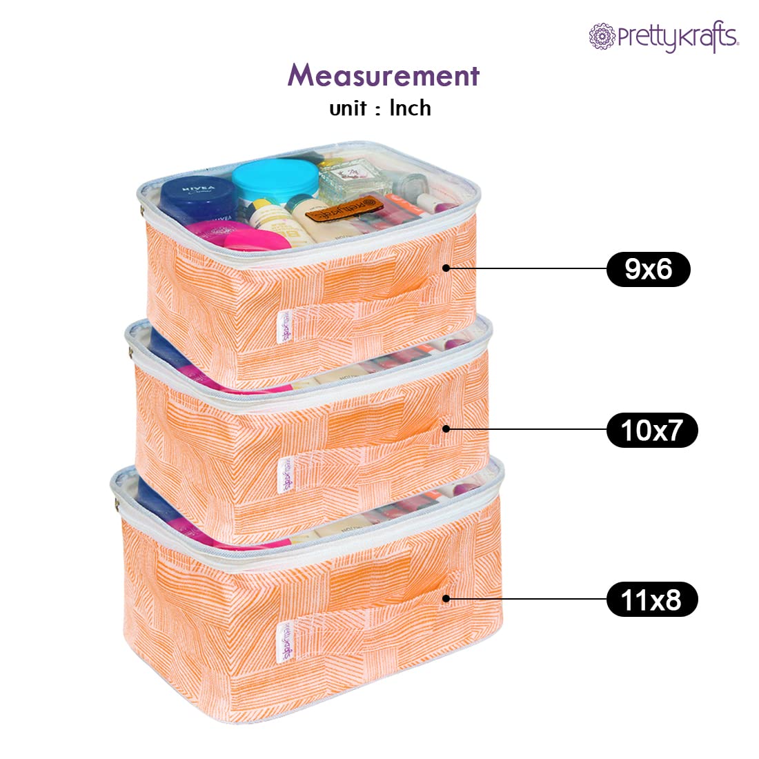 PrettyKrafts 3-Piece Travel Toiletry Bag Set - Waterproof Makeup & Cosmetics Organizer with Jewelry Pouch, Jute Orange - Perfect for Vacation, Business Trips & Gym Essentials Storage