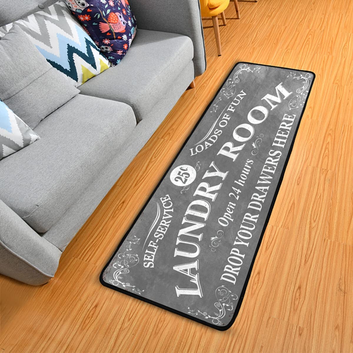 Farmhouse Laundry Room Rug - Machine Washable Runner Rug 72x24 Inches, Grey - Perfect for Laundry Room Floor, Front of Washer Dryer & Farmhouse Decor