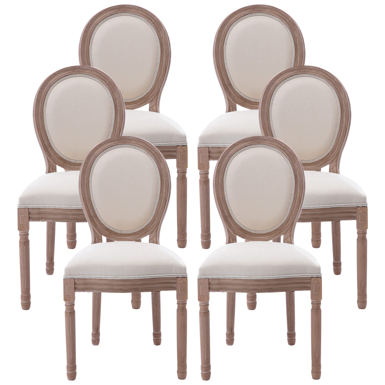 Vintage French Country Dining Chairs Set of 6 - Solid Wood Farmhouse Chairs with Round Back & Beige Fabric Upholstery - Perfect for Kitchen, Dining Room, Bedroom or Cottage Decor