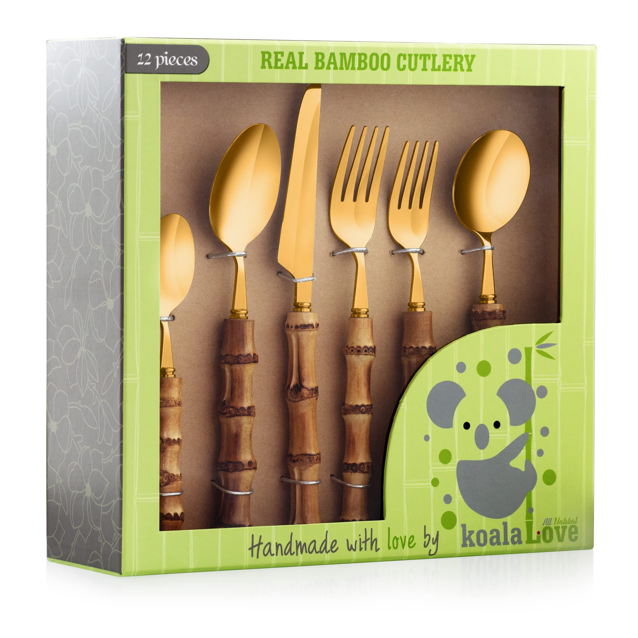Eco-Friendly Bamboo Silverware Set - 24-Piece Natural Bamboo Flatware Cutlery Set with Gold Accents | Handcrafted Sustainable Utensils for Dining | Perfect for Picnics, Camping & Eco-Conscious Homes