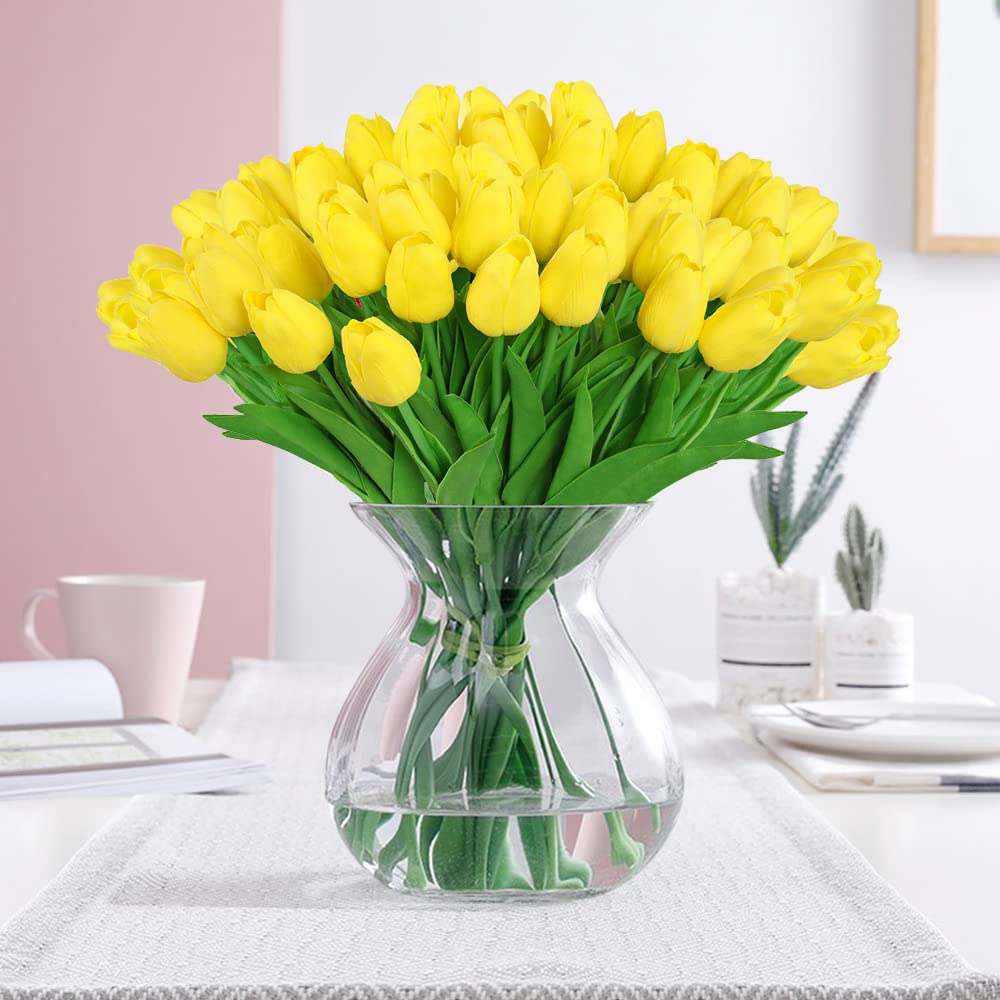 30 Pcs Real Touch Artificial Tulip Flowers - Faux Latex Tulip Stems for Wedding, Party & Home Decor - Vibrant Yellow Fake Flowers for Centerpieces, Bouquets, and Seasonal Home Decoration