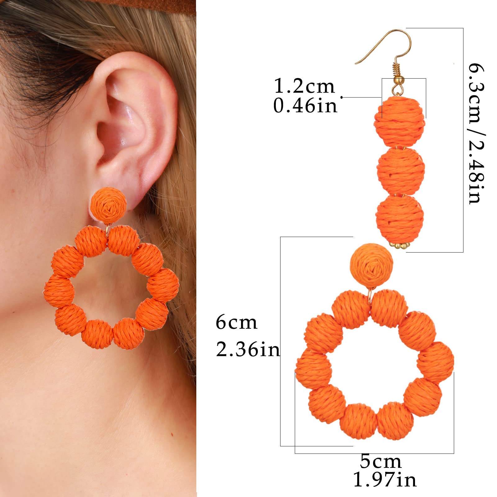 2 Pairs Handmade Boho Rattan Earrings for Women - Raffia Woven Drop Dangle Earrings, Natural Straw Wicker Braid Bohemian Jewelry | Perfect for Summer Festivals, Beach Vacations & Boho Chic Outfits