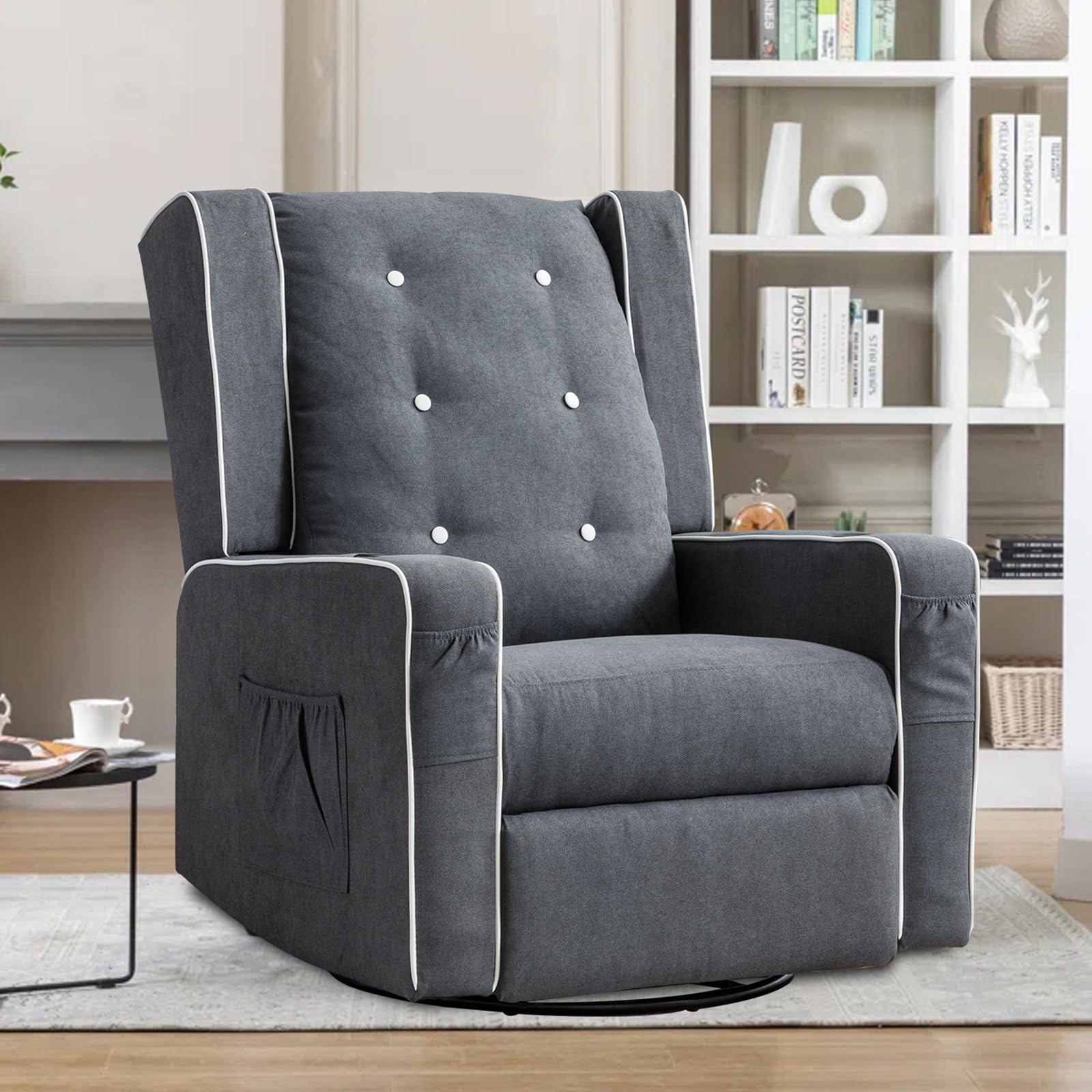 Swivel Rocker Recliner Chair - Upholstered Nursery Glider with Cup Holders | Manual Reclining Rocking Chair for Baby Room, Living Room & Bedroom | Perfect for Nursing, Relaxing & Reading
