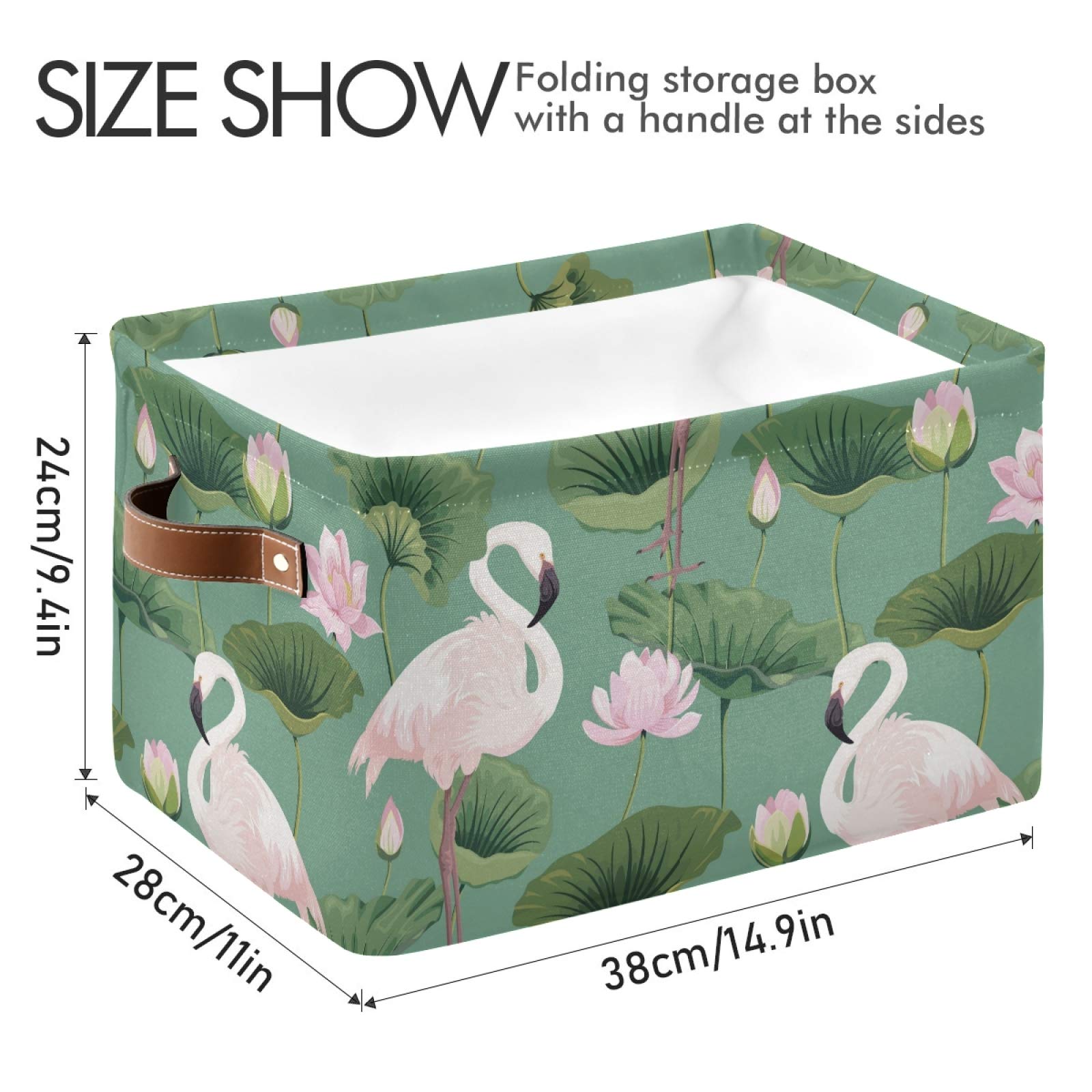Susiyo Large Foldable Storage Bin - Pink Flamingo Lotus Fabric Collapsible Basket with PU Handles for Home Organization (1-Pack) | Perfect for Shelves, Closet, Bedroom & Living Room Storage