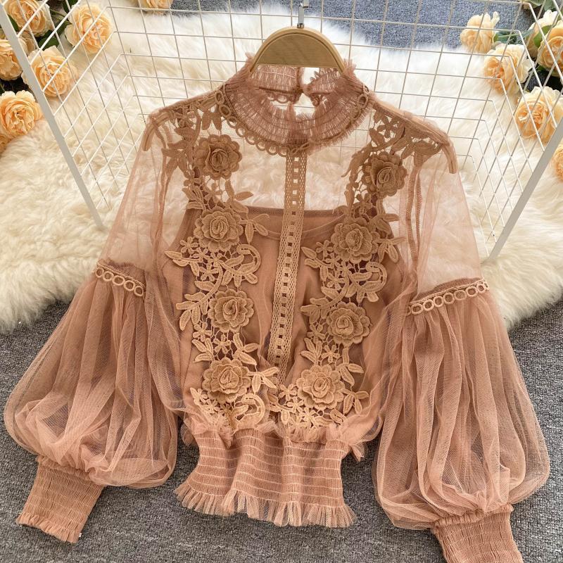 3D Floral Mesh Lantern Sleeve Blouse - Women's Short Lace Top 833 | Perfect for Summer Outfits, Date Nights & Boho Fashion