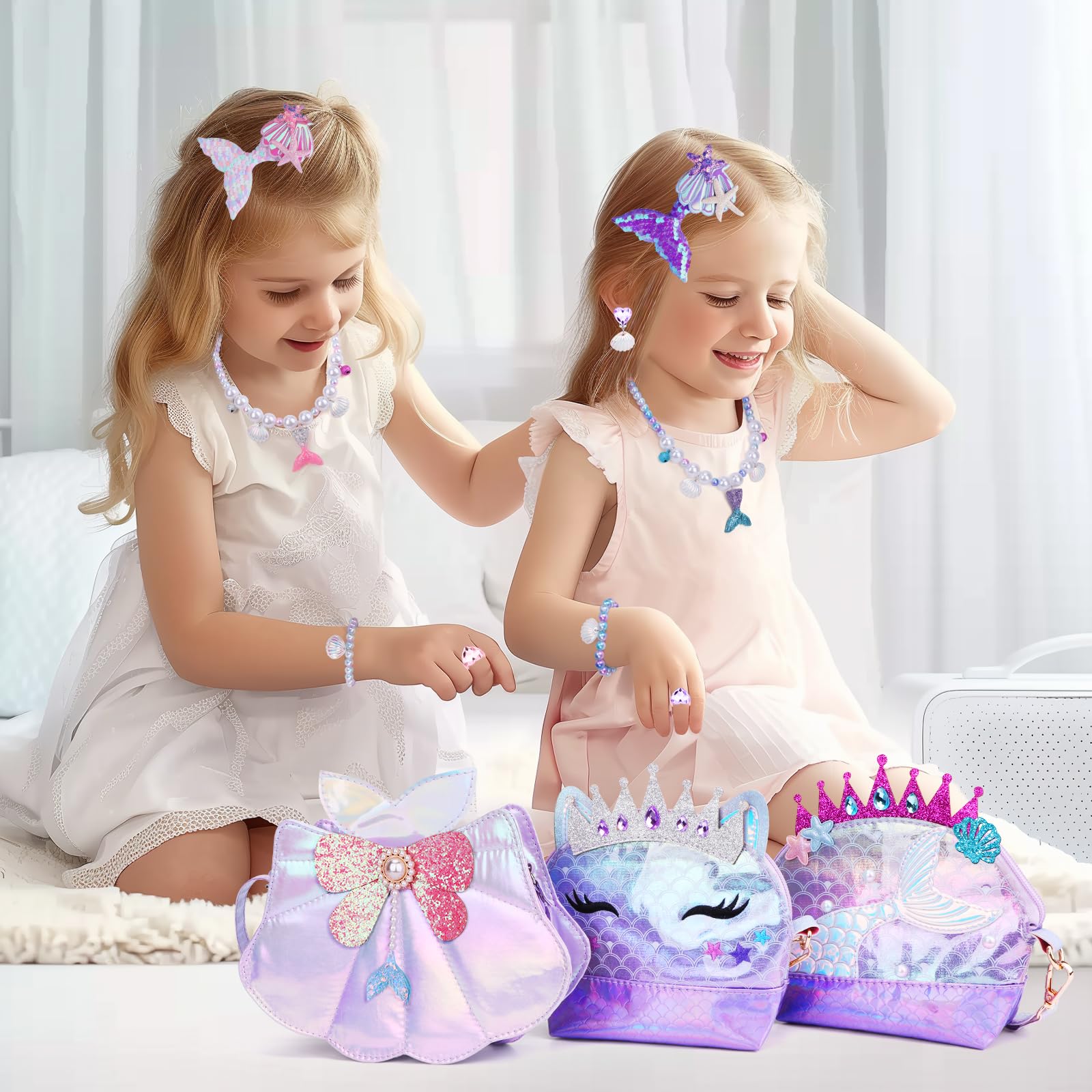 Belle&Birdie Little Girl Purse Set with Seashell Toys & 6-Piece Dress Up Jewelry - Pretend Play Accessories for Toddlers & Kids - Perfect for Birthday Gifts, Tea Parties & Dress-Up Play
