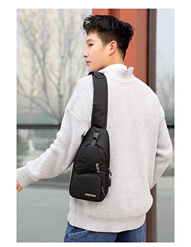Men's Urban Travel Shoulder Backpack - Oxford Small Crossbody Sling Bag with USB Charging Port for Outdoor, Commuting & Daily Use - Black