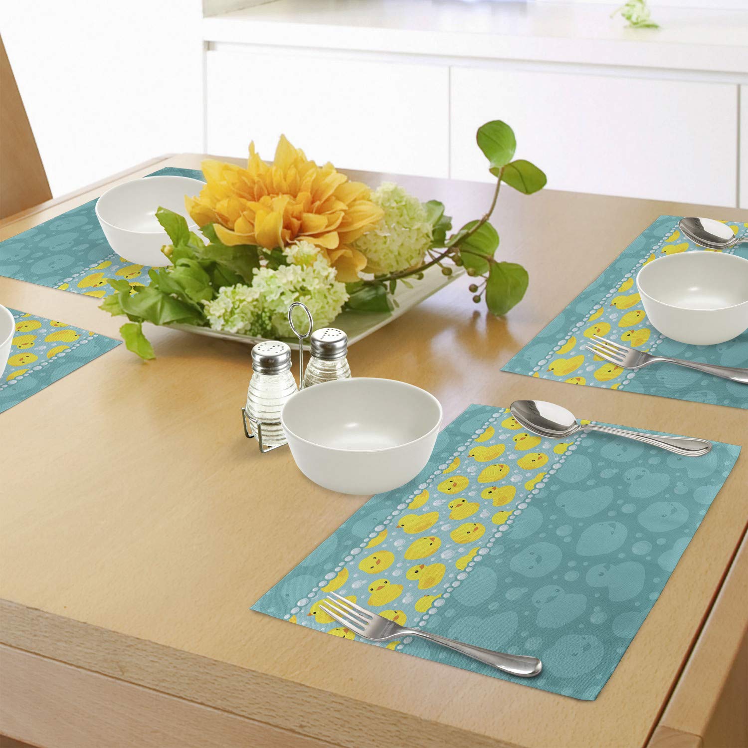 Ambesonne 4-Pack Rubber Duck Place Mats - Yellow Cartoon Duck Swimming in Water with Bubbles Design, Washable Fabric Table Mats for Dining Room & Kitchen Decor in Teal Blue - Perfect for Kids' Parties, Themed Events & Playful Home Decor