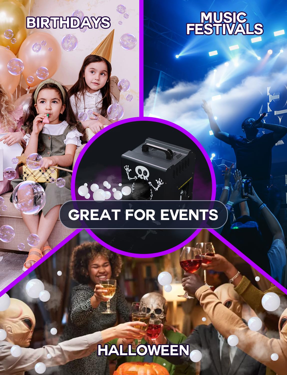 Lumoonosity 3-in-1 Fog Bubble Machine - Indoor/Outdoor Bubble & Fog Maker with LED Lights for Halloween, Weddings, Parties, and Events - Creates Magical Smoke Bubbles for Themed Decorations and Entertainment