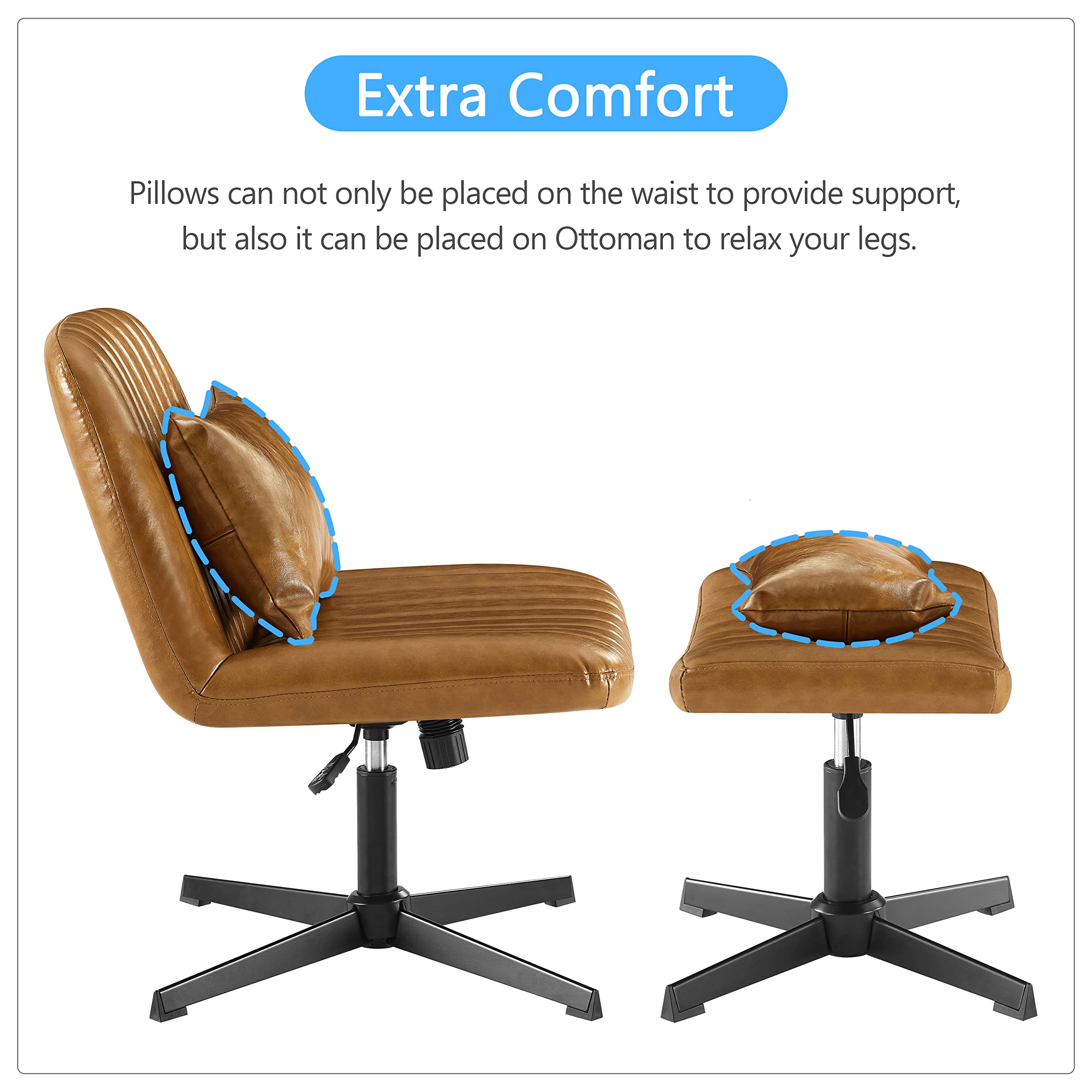 Zouron 360° Swivel Accent Chair with Ottoman - Adjustable Height PU Leather Modern Club Chair, Upholstered Leisure Chair with Black Metal Legs for Office, Bedroom & Living Room - Brown | Perfect for Home Office, Reading Nook & Lounge Areas