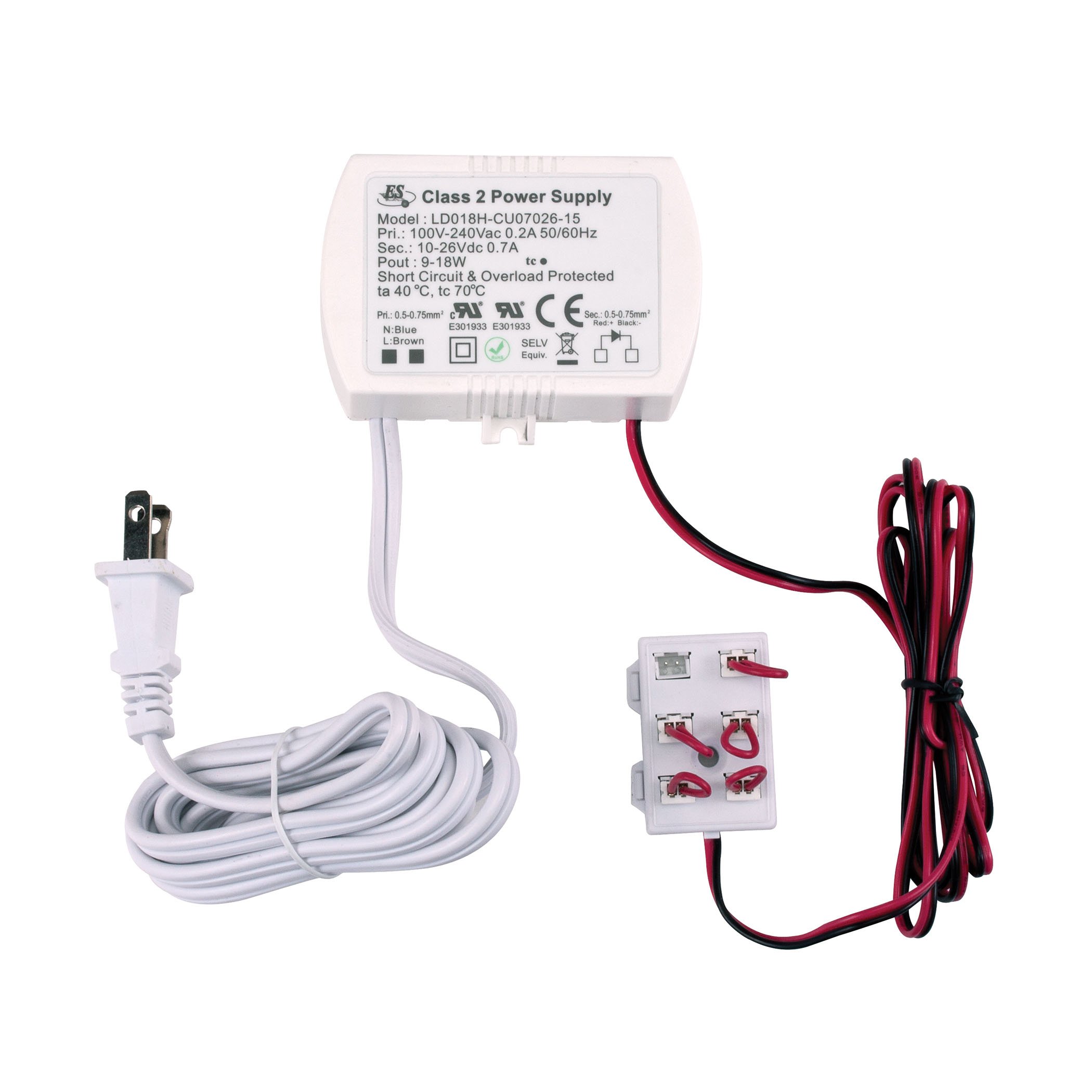 ELK 18W 700mA LED Driver with Power Cord & Plug - 6 Port Harness for LED Strip Lights, Cabinet Lighting & DIY Projects