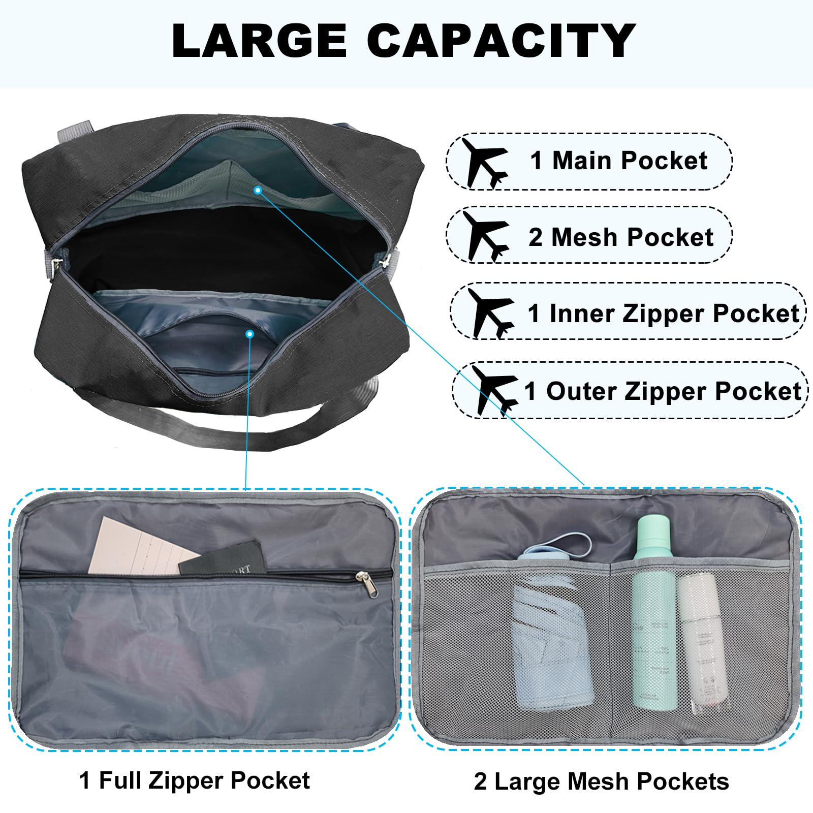 Foldable Carry On Luggage 22x14x9 Inches - 40L Travel Duffel Bag for Women & Men, Airplane Approved Personal Item Bag (Black) - Perfect for Weekend Trips, Business Travel & Gym Use