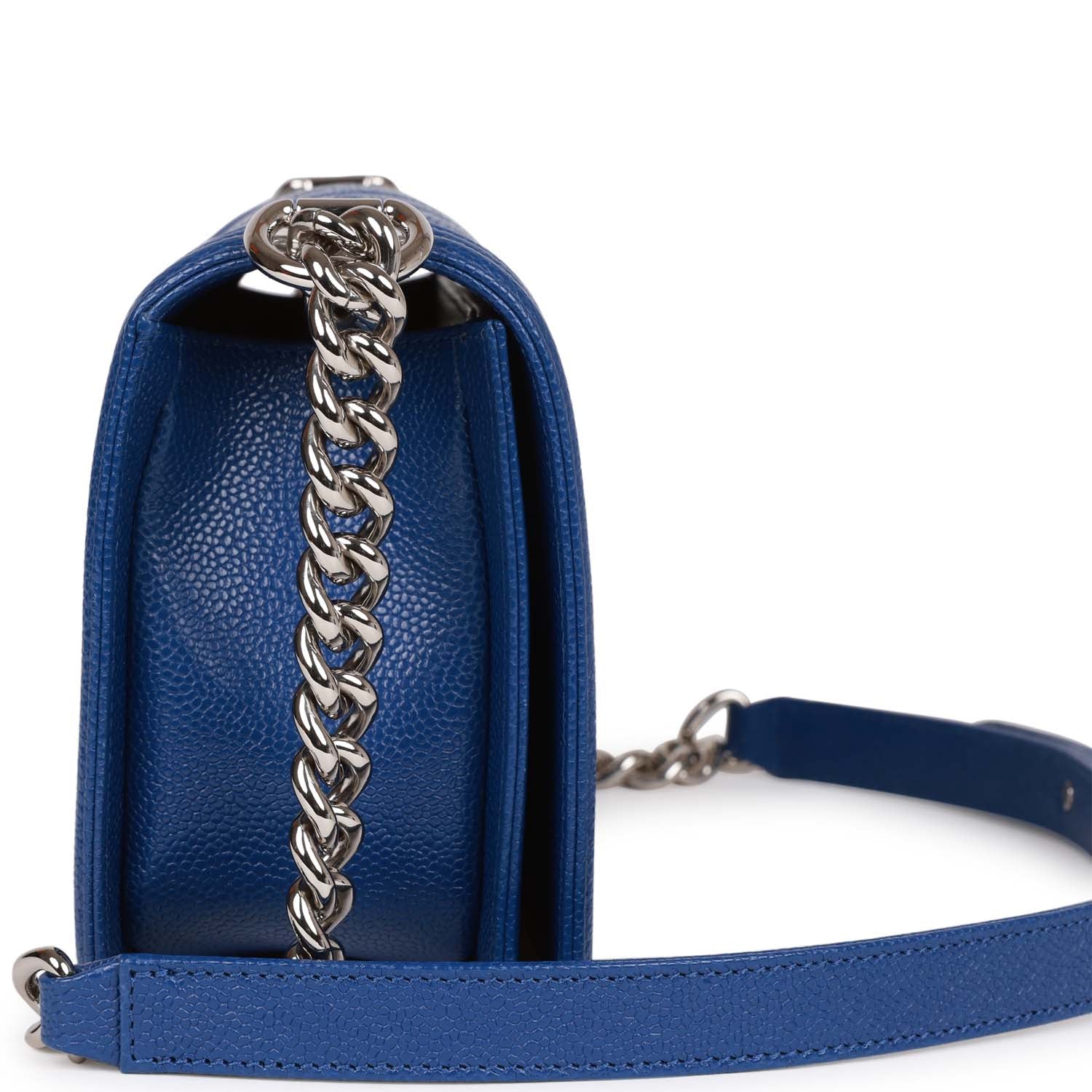 Chanel Medium Boy Bag in Blue Chevron Caviar Leather with Silver Hardware - Luxury Crossbody Bag for Women, Perfect for Date Night & Special Occasions