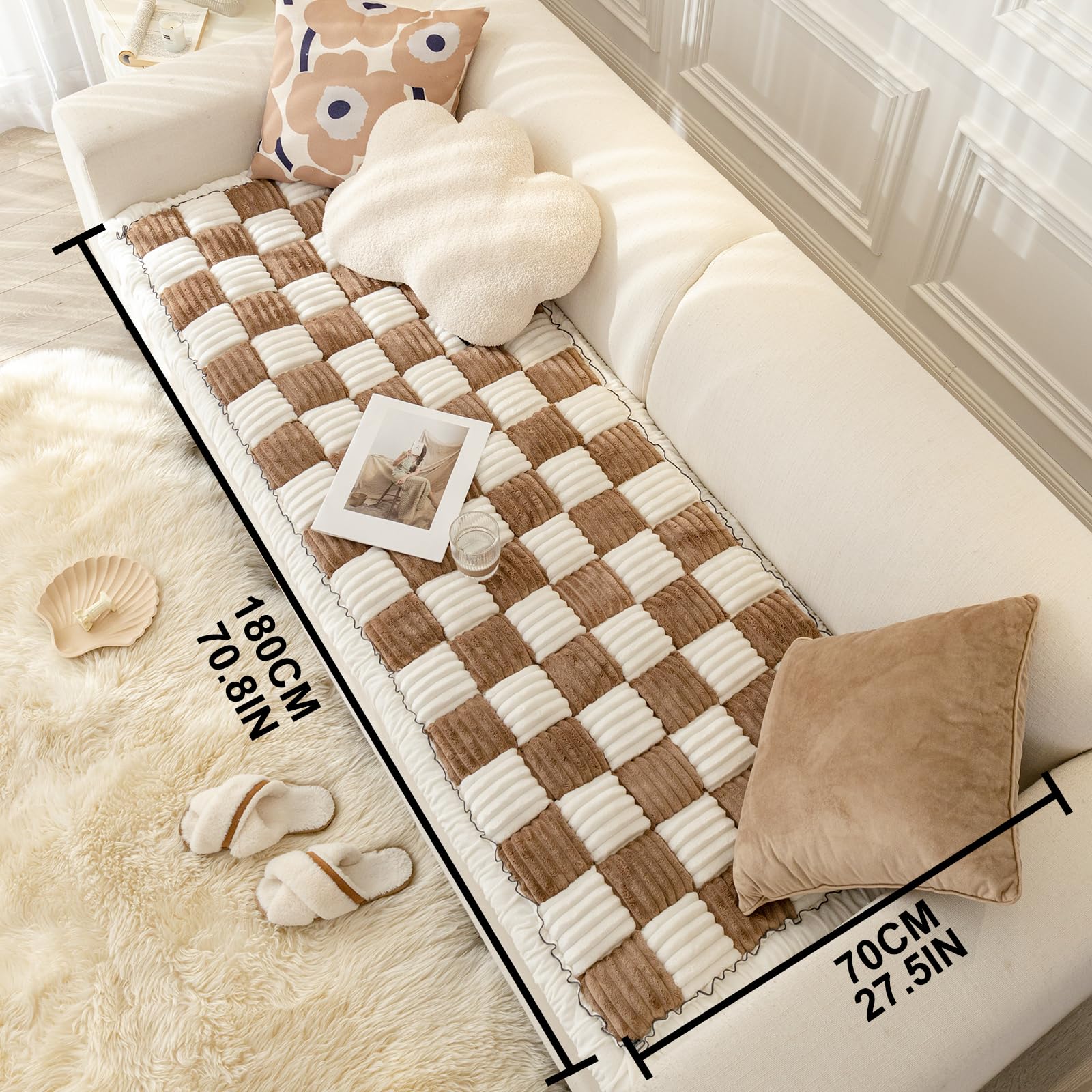SmoBea Washable Dog Couch Cover - Funny Fuzzy Plaid Sofa Protector for Pets, Non-Slip Pet Bed Cover 27.6x70.9 Inches Dark Brown - Perfect for Living Room Furniture Protection & Pet Comfort