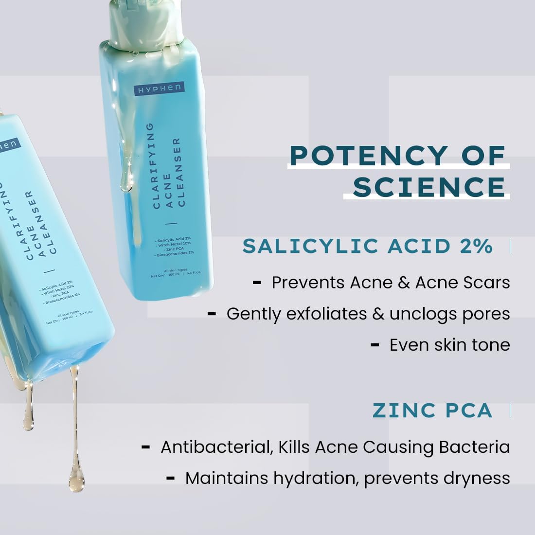 Hyphen Clarifying Acne Face Wash for Women & Men - 2% Salicylic Acid, Zinc PCA & 10% Witch Hazel Cleanser for Acne-Prone Skin - 100ml | Daily Deep Cleansing & Oil Control for Clear, Healthy Skin