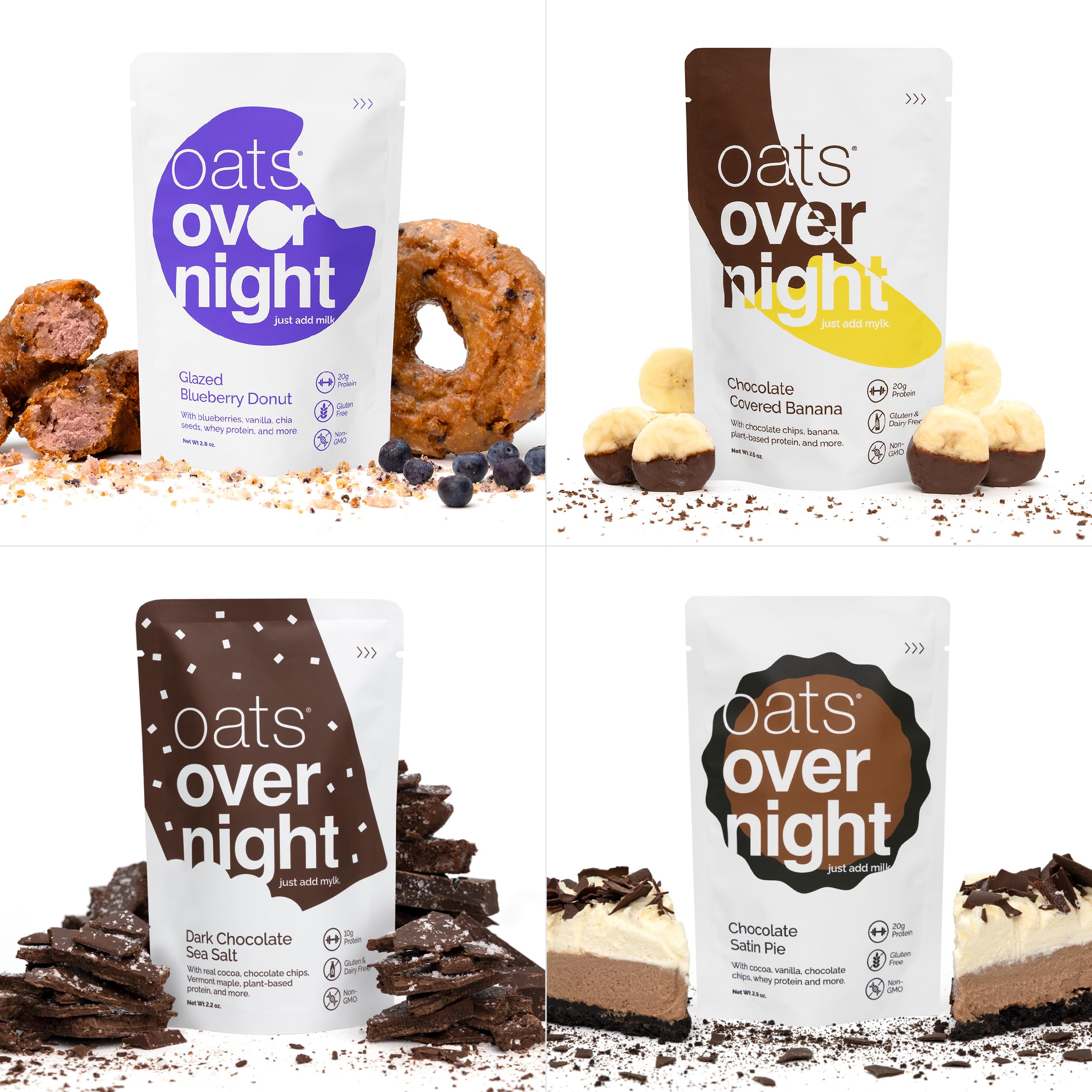 Oats Overnight Dessert Variety Pack - High Protein & Fiber Breakfast Shake - Gluten Free, Non-GMO Oatmeal - Salted Toffee, Chocolate Satin Pie (8 Pack + BlenderBottle) | Quick Healthy Breakfast, Post-Workout Meal, On-the-Go Nutrition