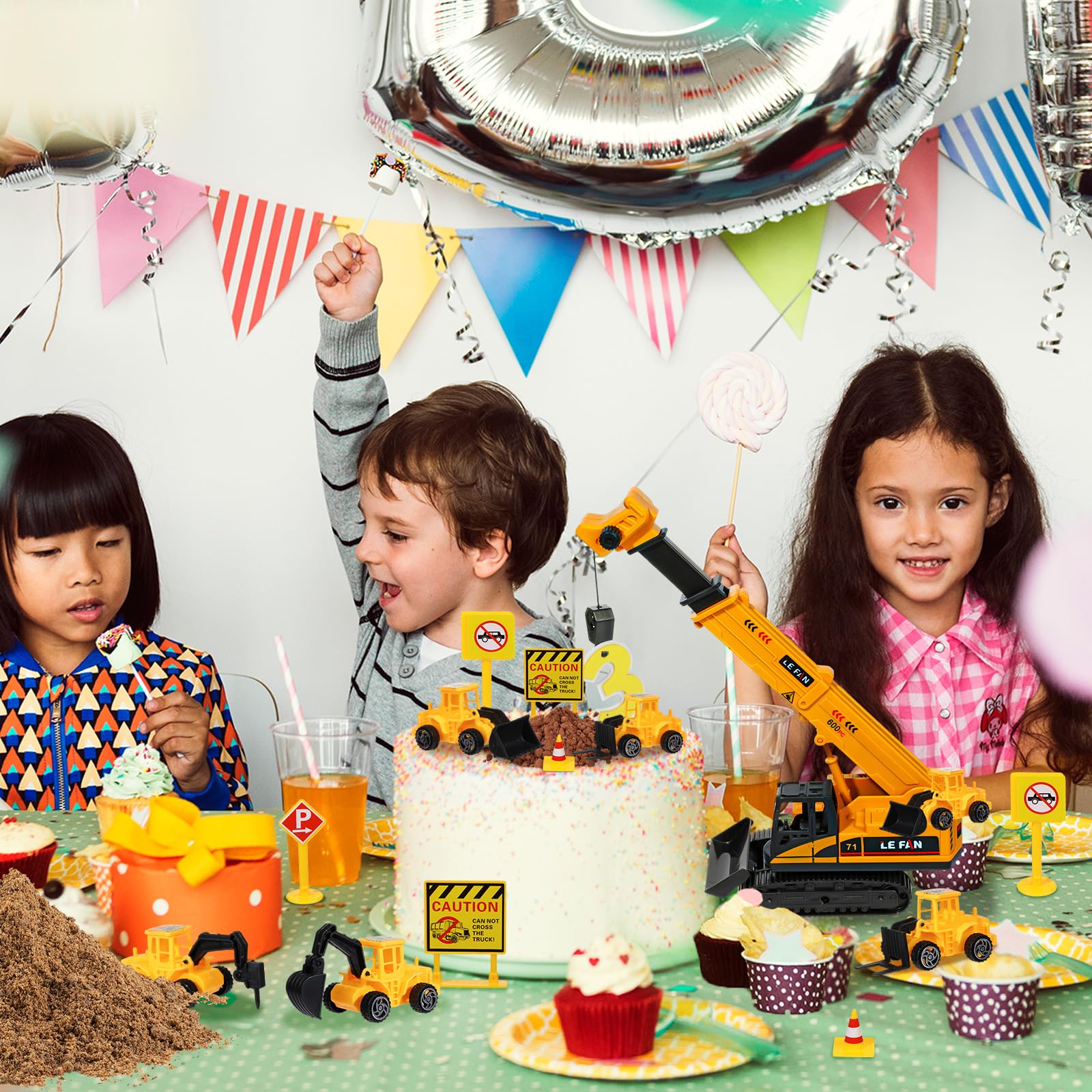 RAYNAG 16-Piece Construction Cake Topper Set - Mini Crane, Excavator & Road Signs for Kids Birthday Party Decorations | Perfect for Construction-Themed Cakes, Cupcake Toppers & Party Favors
