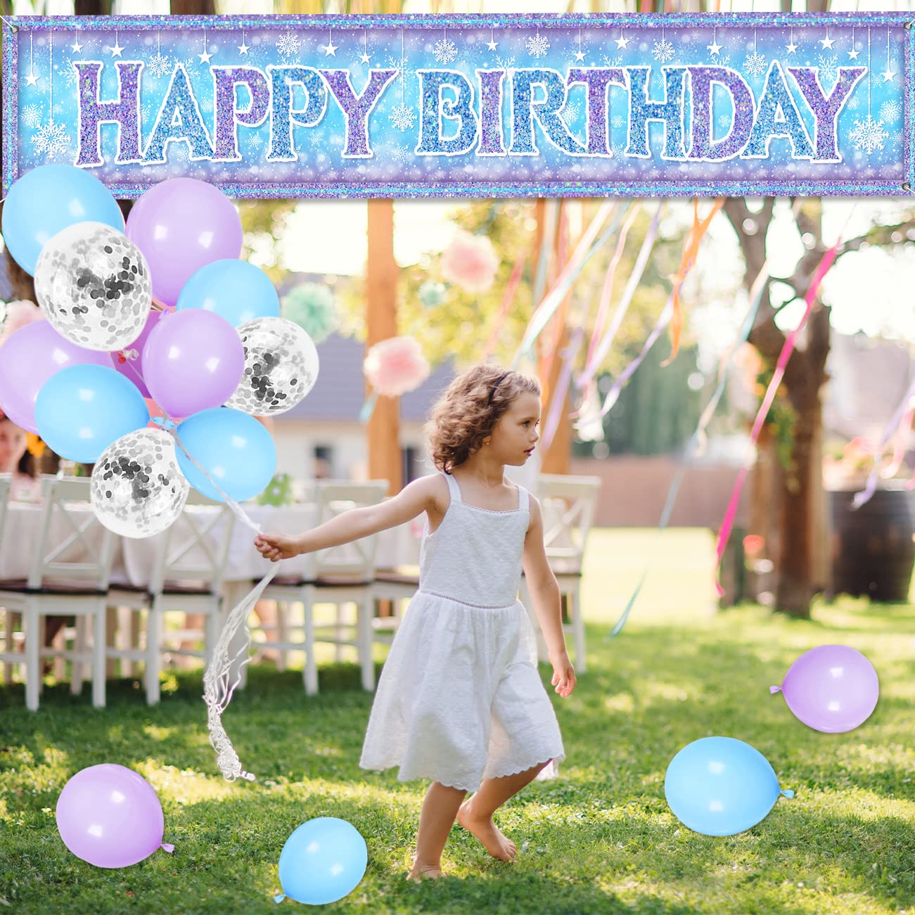 Large Christmas Snowflake Happy Birthday Banner - 18-Piece Snowflake Balloon Set with Elsa & Anna Princess Theme for Girls Birthday Party Decorations, Backdrop, Yard Sign - Perfect for Frozen-Themed Parties, Winter Celebrations & Holiday Events