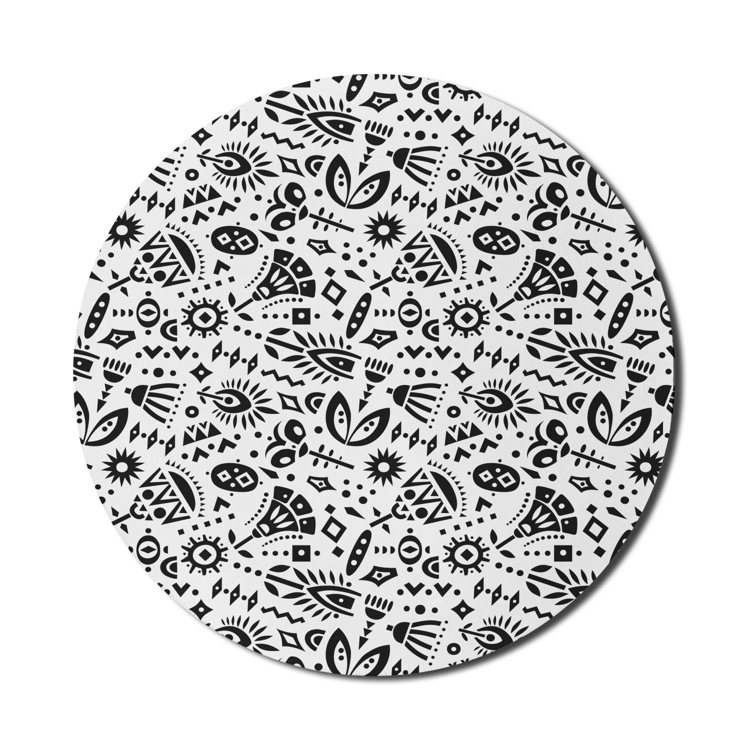 Ambesonne Round Non-Slip Geometric Mouse Pad - 8 Inch Thick Rubber Gaming Mouse Mat with Monochrome Hand-Drawn Shapes for Computer & Laptop - Perfect for Office, Gaming & Home Workspace (Dark Grey & White)