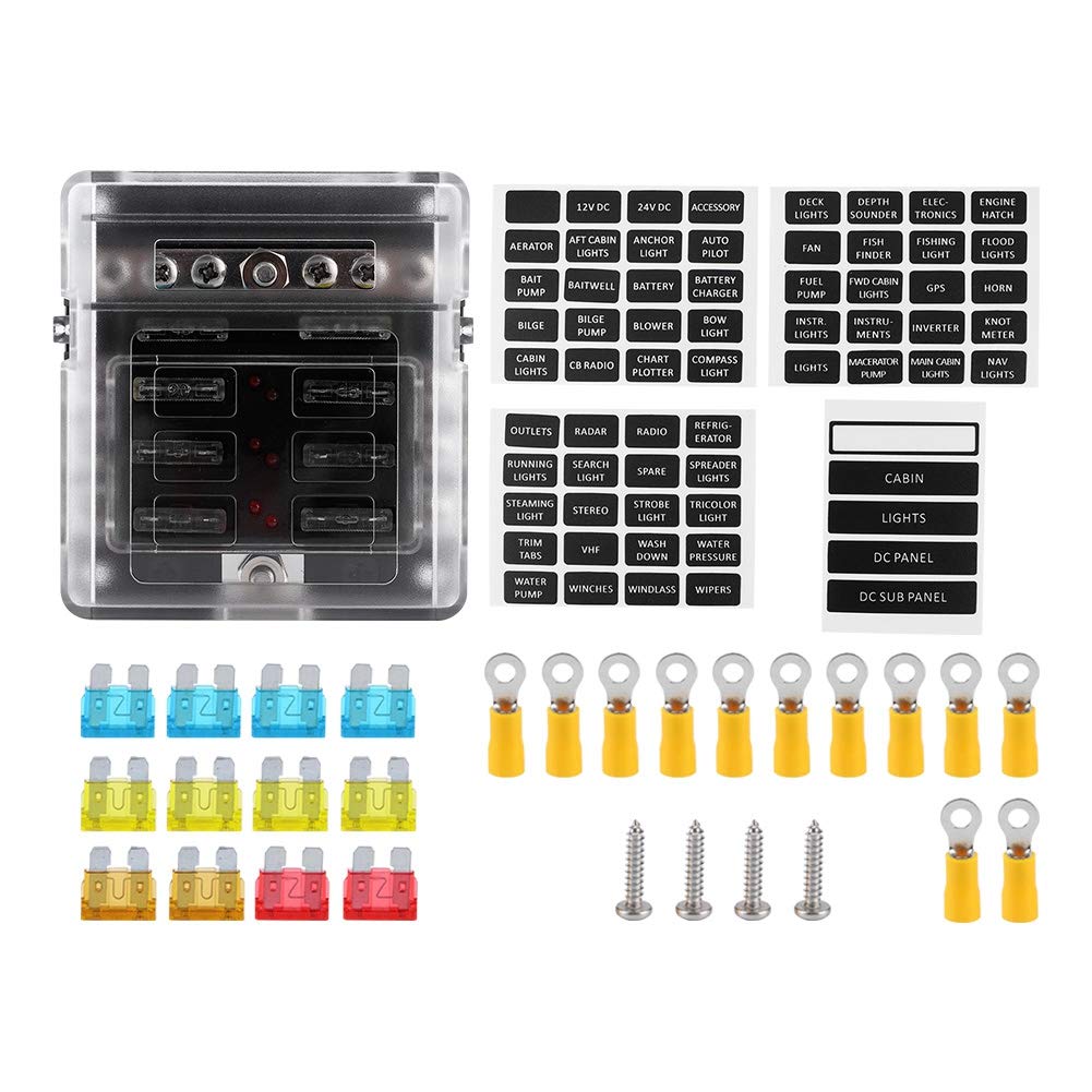 6 Way Fuse Block with Ground - 12V/24V Car Power Distribution Blade Fuse Holder Box with Manual Reset (6 Circuit, Medium Size) - Perfect for Automotive, Marine, and RV Electrical Systems