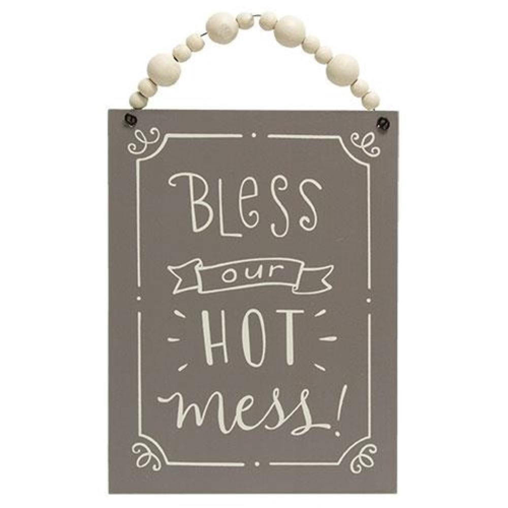 Bless Our Hot Mess Beaded Sign - Wooden Wall Decor for Home, Bedroom & Nursery - Perfect for Farmhouse, Rustic & Boho Style Decorations