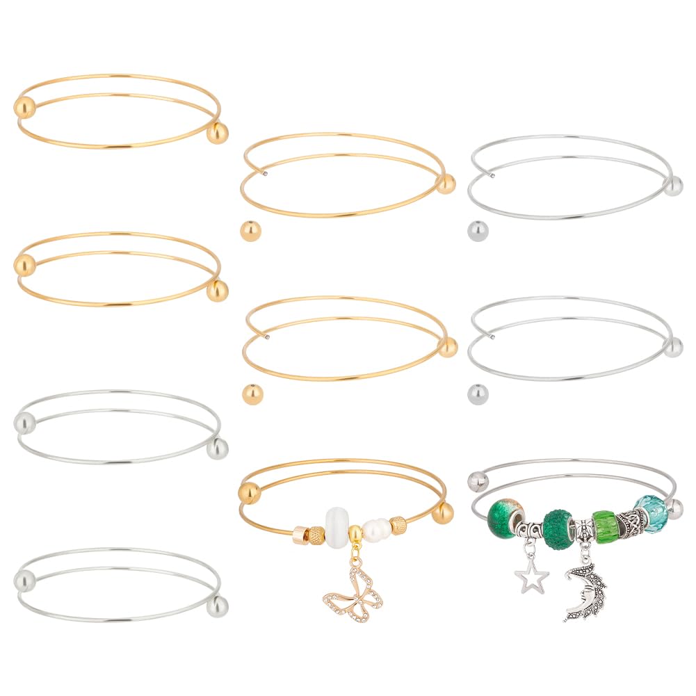 OLYCRAFT 10pcs 2.5 Inch Expandable Blank Bangle Bracelets with Removable Ball Beads - Gold & Silver Stainless Steel Wire Bracelets, Adjustable Cuff Bangle for Jewelry Making DIY - Perfect for Crafting, Gift Giving, and Personal Accessorizing
