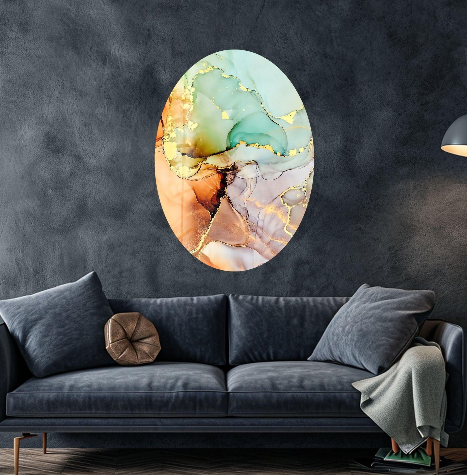 Abstract Golden Marble Glass Wall Art - Modern Asymmetric Oval Design for Living Room, Bedroom & Office Decor | Handmade Contemporary Home Wall Decor