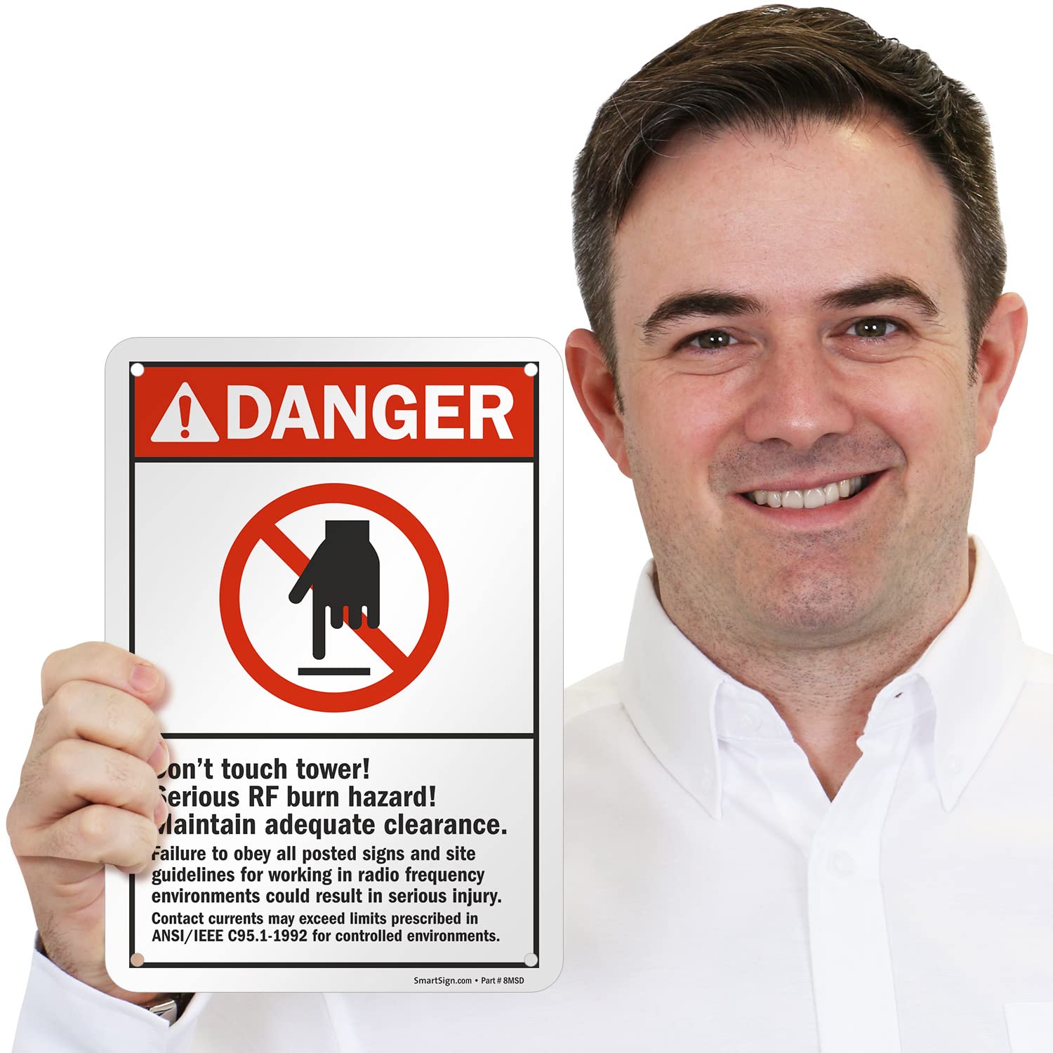 Danger - Don't Touch Tower RF Burn Hazard Sign | 10x7 Inch ANSI Compliant Metal Sign | 40 Mil Laminated Rustproof Aluminum | Red, Black & White | for Electrical Towers, Utility Poles & High Voltage Areas