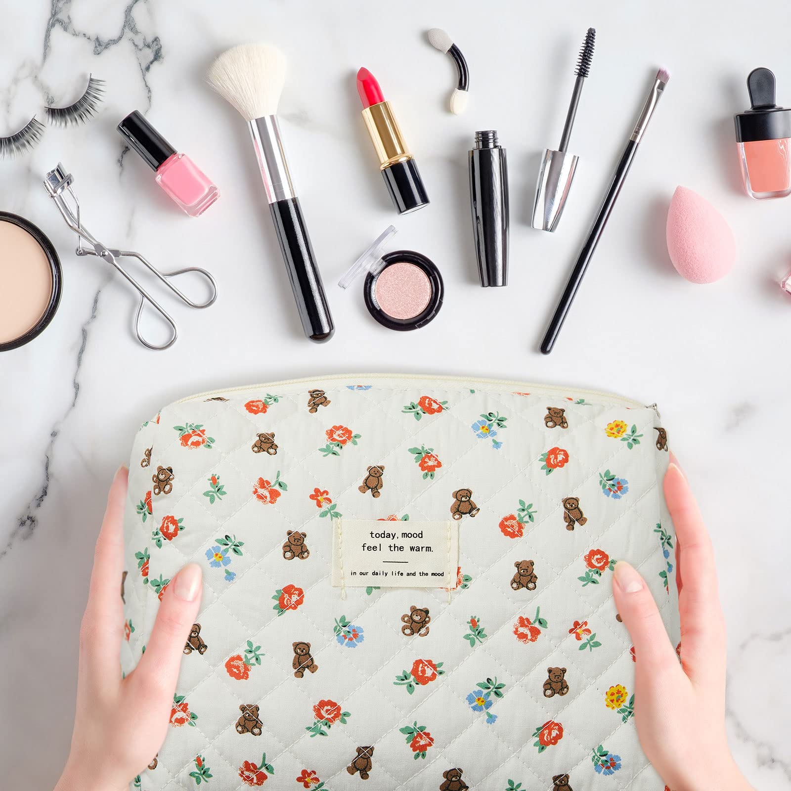 Zeyune 2 Pack Large Cotton Quilted Makeup Bags for Women - Aesthetic Floral Cosmetic Travel Organizer with Bear Design - Perfect for Skincare, Toiletries & Travel Essentials | Cute Coquette Style Gift Idea