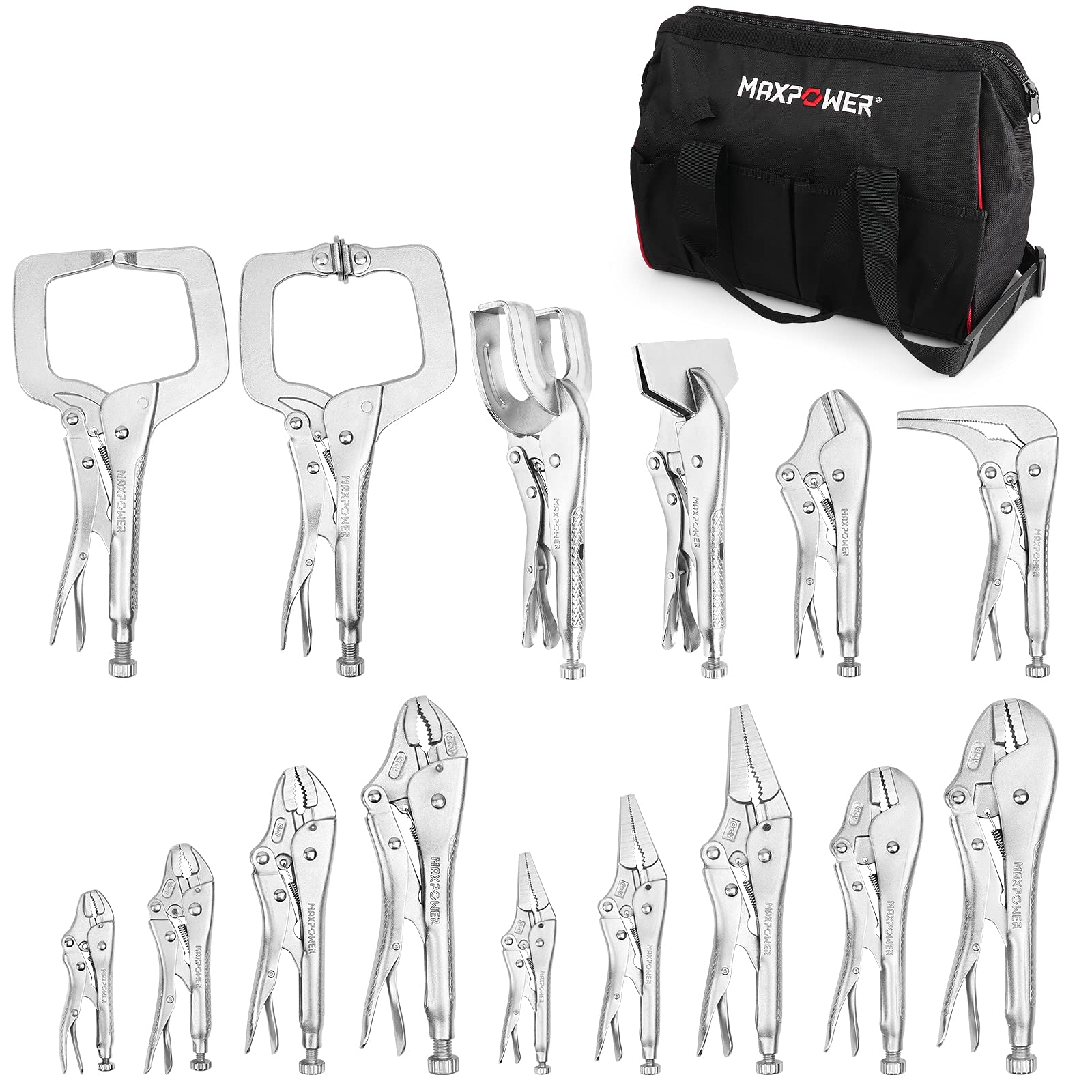 MAXPOWER 15-Piece Locking Pliers Set - Includes C-Clamps, Long Nose, Pinch Off, Sheet Metal Clamp & U-Shaped Pliers with Durable Tool Bag - Perfect for DIY Projects, Automotive Repairs, Metalworking & Home Improvement