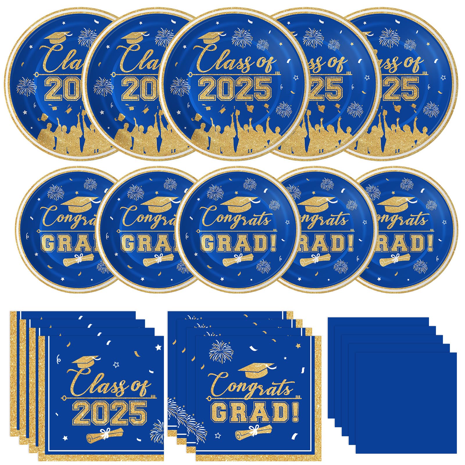 2025 Graduation Party Supplies - Class of 2025 Blue & Gold Disposable Paper Plates & Cocktail Napkins Set (Serves 25) - Perfect for Graduation Decorations, Celebrations & Commencement Parties