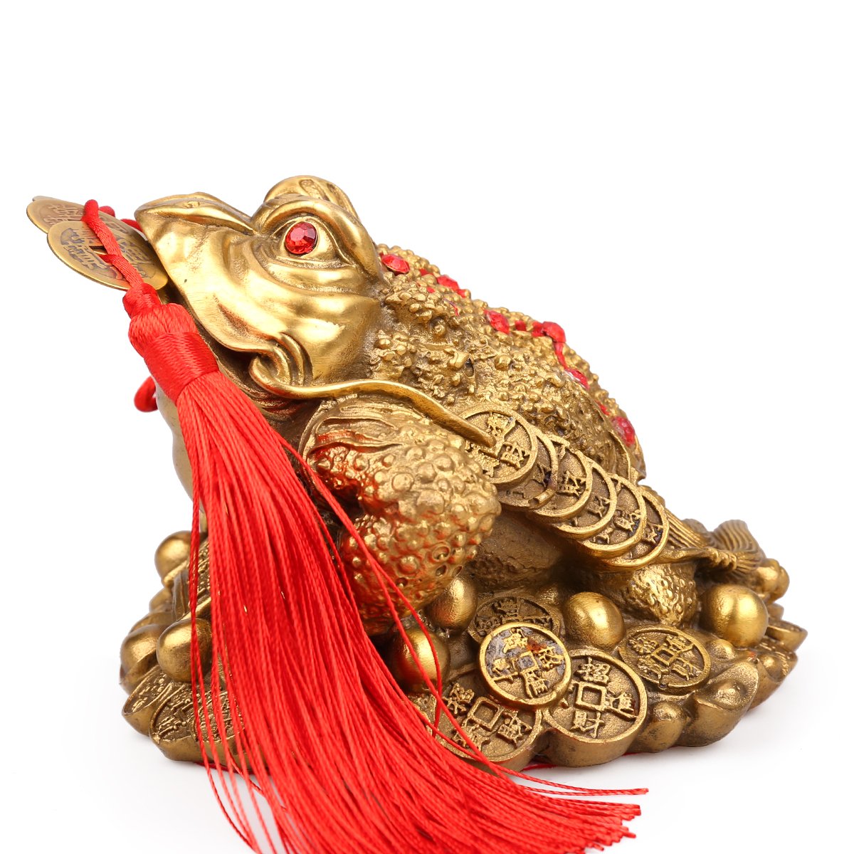 Authentic Chinese Brass Feng Shui Money Frog Statue - Three-Legged Wealth Toad with 5 Lucky Charm Ancient Coins on Red String - Prosperity Home & Office Decor for Good Fortune & Abundance