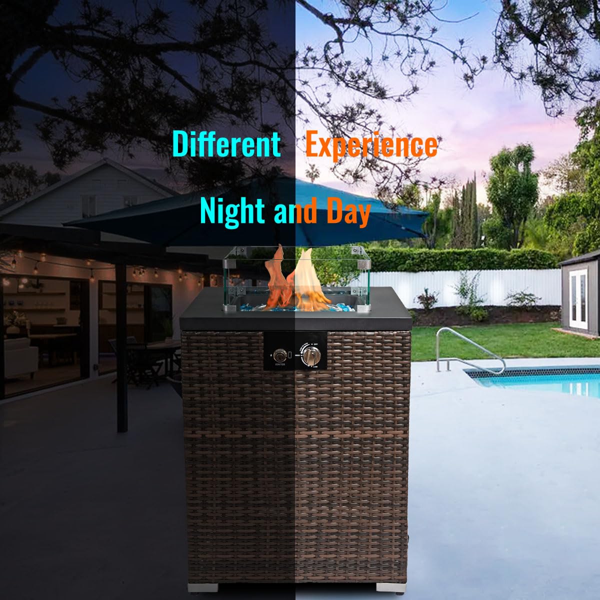 22in Outdoor Propane Gas Fire Pit Table - 40,000 BTU Auto-Ignition Fire Pit with Wind Guard & Glass Rocks - Weather-Resistant Steel Tabletop & Brown PE Rattan - Perfect for Patio, Backyard, and Garden Gatherings