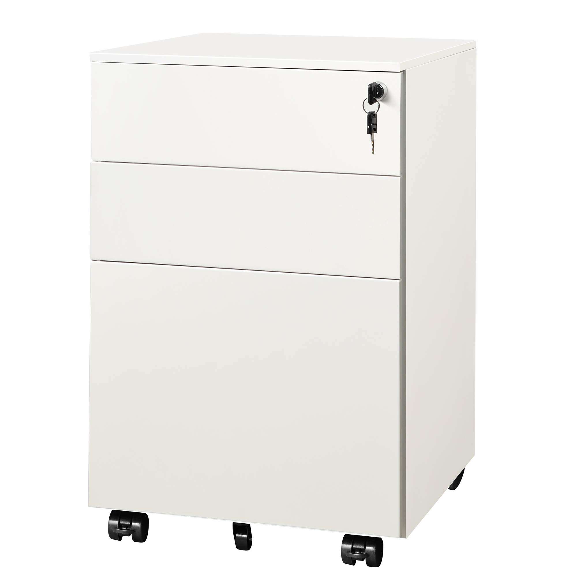 DEVAISE 3-Drawer Rolling File Cabinet with Lock - Fully Assembled Under Desk Storage Organizer for Home Office - White | Perfect for Document Organization & Small Space Storage Solutions
