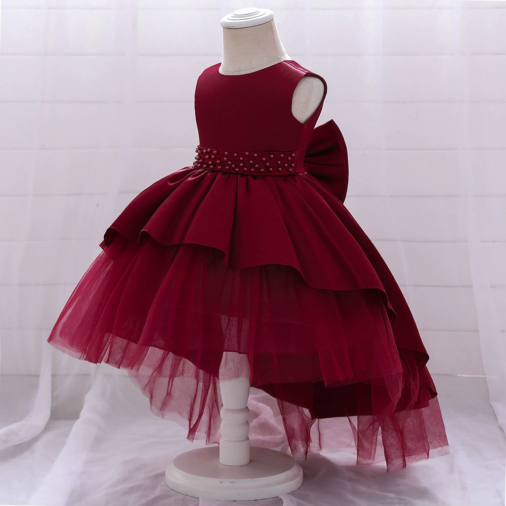 Burgundy Princess Round Tea Length Satin Flower Girl Dress - Perfect for Weddings, Birthday Parties & Special Occasions