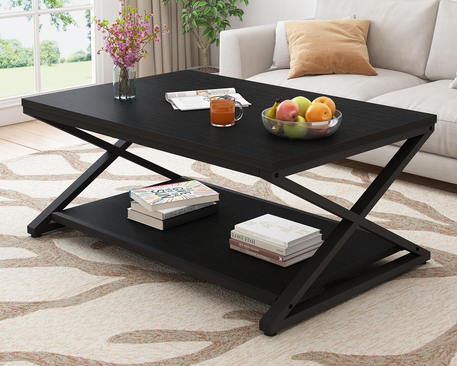 HSH Modern Minimalist Black Coffee Table with Storage Shelf - 39 Inch 2-Tier Rectangle Metal & Wood Center Table for Living Room, Home Office, Bedroom - Perfect for Cocktail Parties, Tea Time, and Display Decor