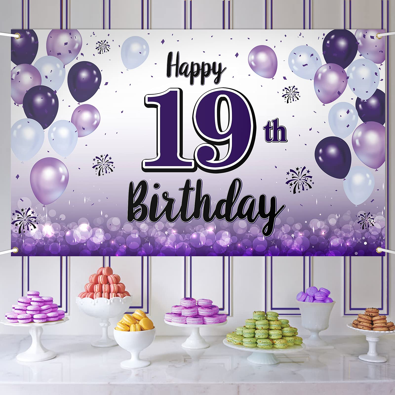 LASKYER Happy 19th Birthday Purple Large Banner - Cheers to Nineteen Years Wall Decor for Birthday Parties, Photo Backdrop, Home Celebration (Perfect for 19th Birthday Decorations & Instagram Photos)