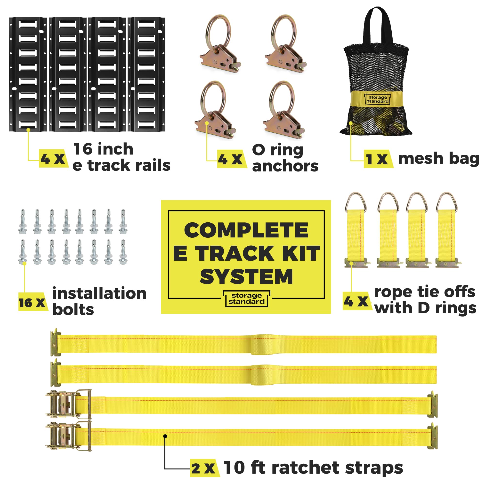 E Track Rail Tie-Down Kit - 4 Rails (16’’ Tracks) with E Track Accessories for Cargo Control - Heavy Duty Trailer Tie Downs & Anchors System - Perfect for Enclosed Trailers, Service Trucks & Vehicle Cargo Securing