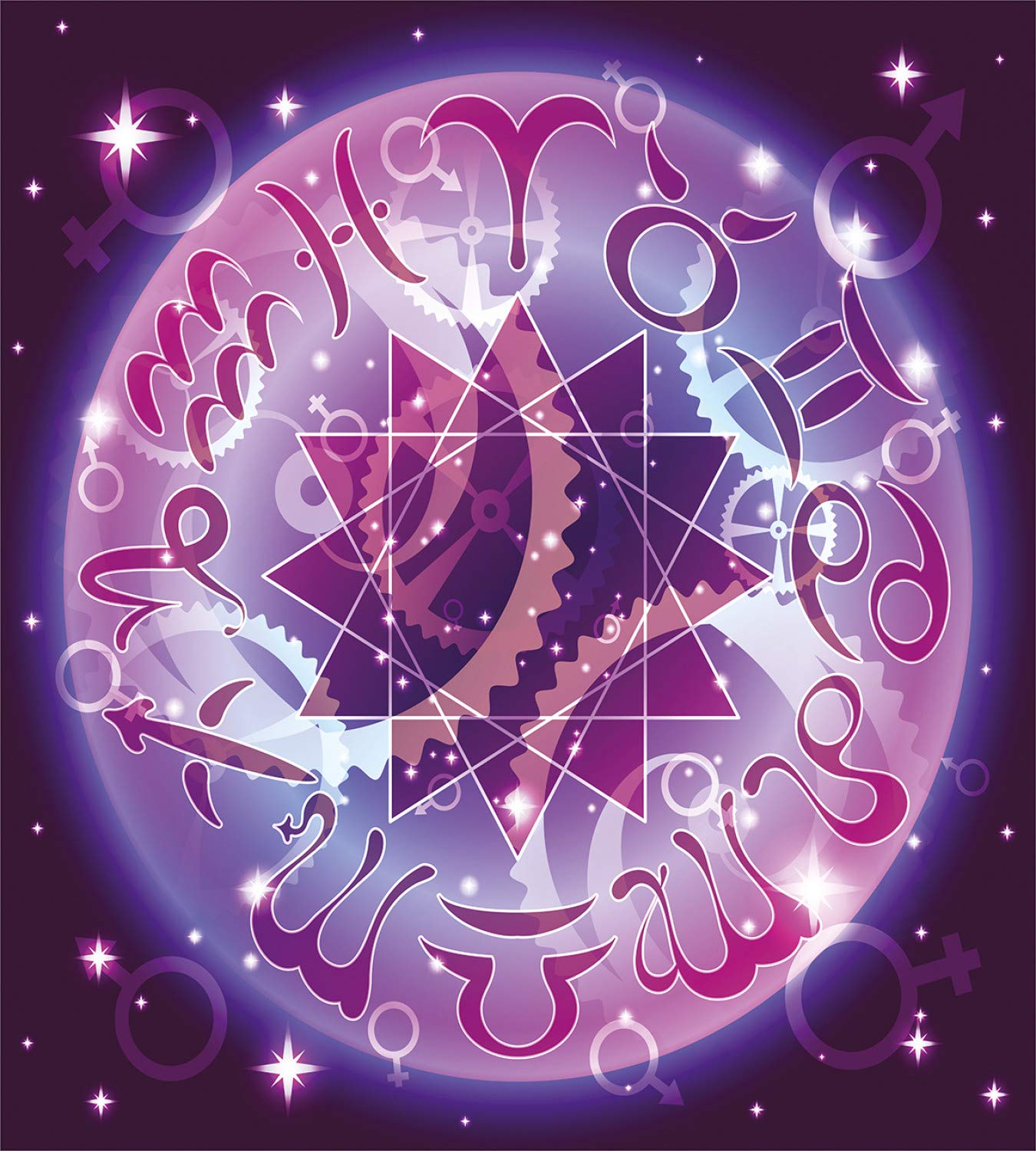 Ambesonne Astrology Duvet Cover Set | Zodiac Circle Space Design with Abstract Gender Signs & Star Center | 3-Piece Bedding Set Includes 2 Pillow Shams | California King Size in Purple & Pale Blue | Perfect for Cosmic-Themed Bedrooms & Gift for Astrology Lovers