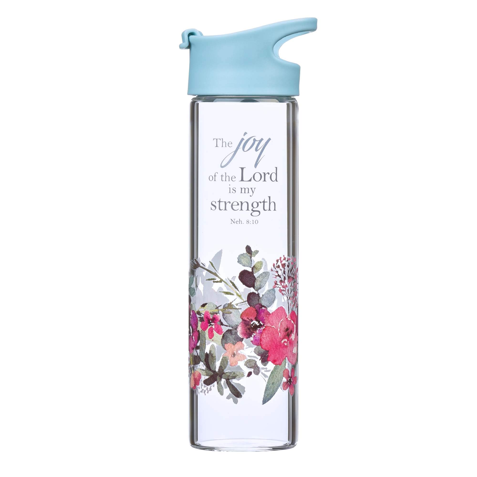 Christian Glass Water Bottle with Floral Design - Nehemiah 8:10 Verse - 20oz Light Blue - Perfect for Church & Bible Study