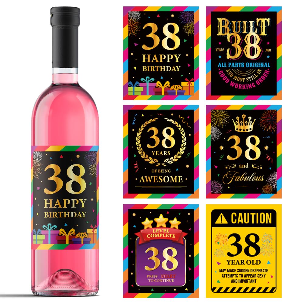 38th Birthday Wine Bottle Labels - Set of 6 Personalized Wine Stickers for 38th Birthday Party Decorations, Anniversary Gifts & Celebrations - Perfect for Wine Lovers, Party Favors & Special Occasions