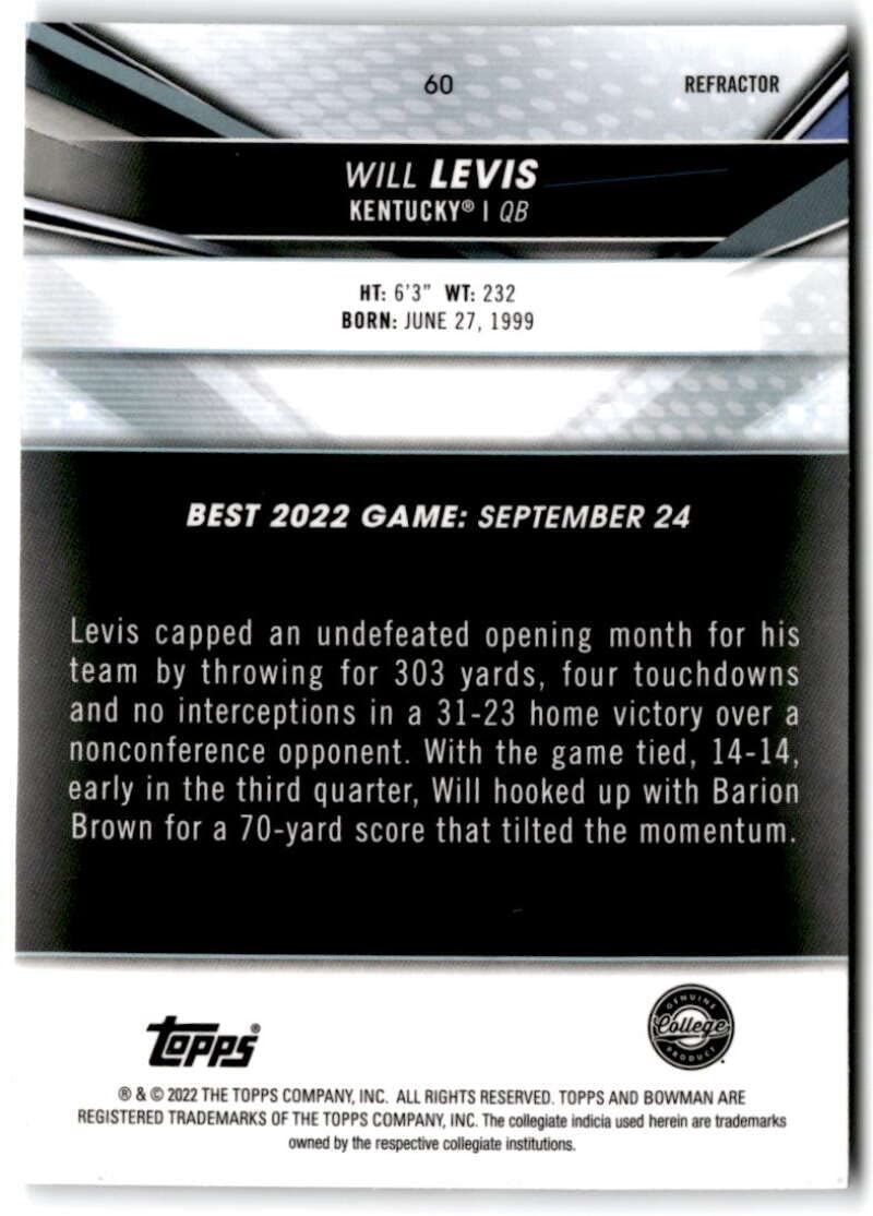 2022-23 Bowman's Best University Refractor #60 Will Levis Kentucky Football Trading Card - Rookie Collectible for Sports Memorabilia & Card Game Enthusiasts