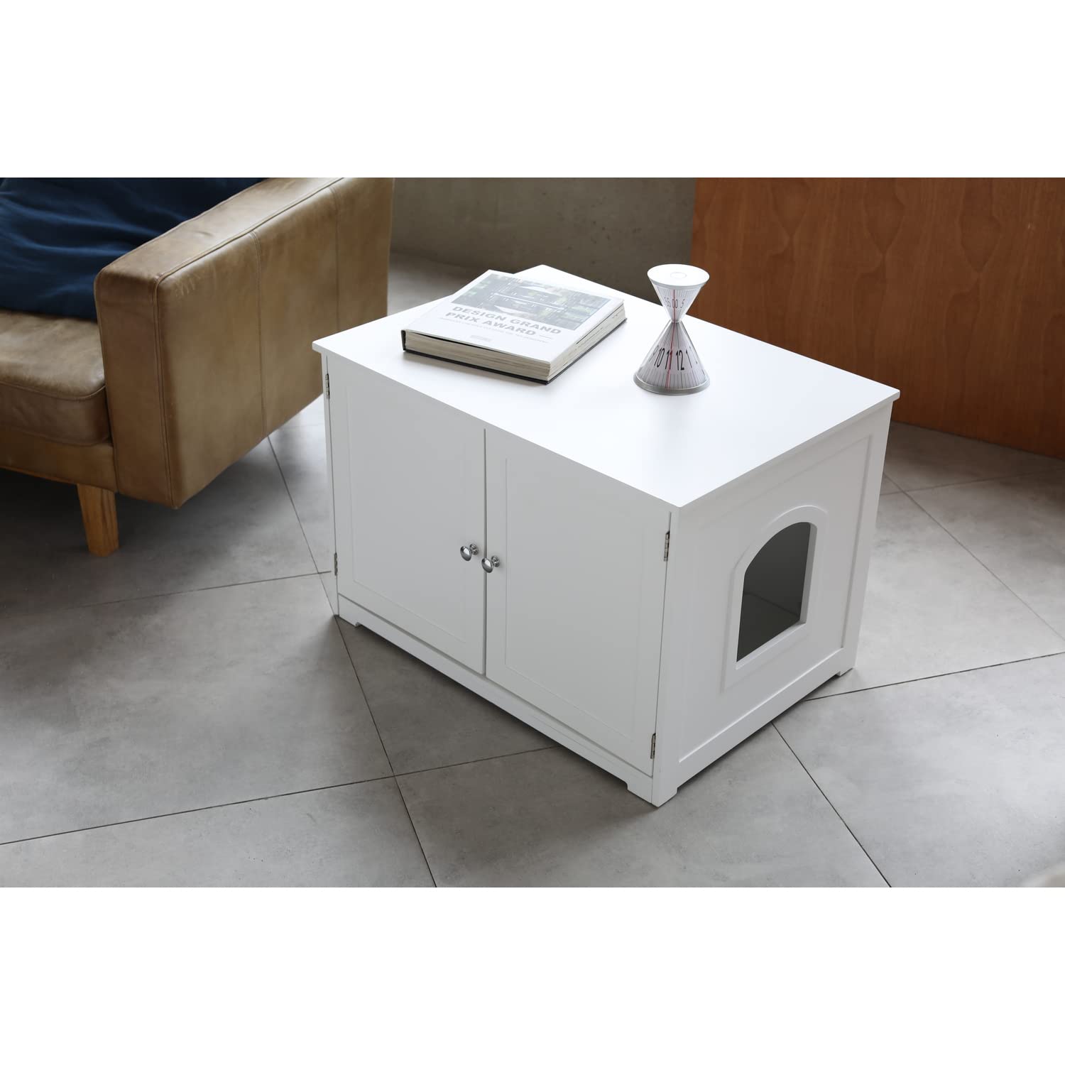 Zoovilla Merry Pet Kitty Litter Cabinet Bench - White Large Cat Furniture with Hidden Storage | Perfect for Small Spaces & Stylish Home Decor